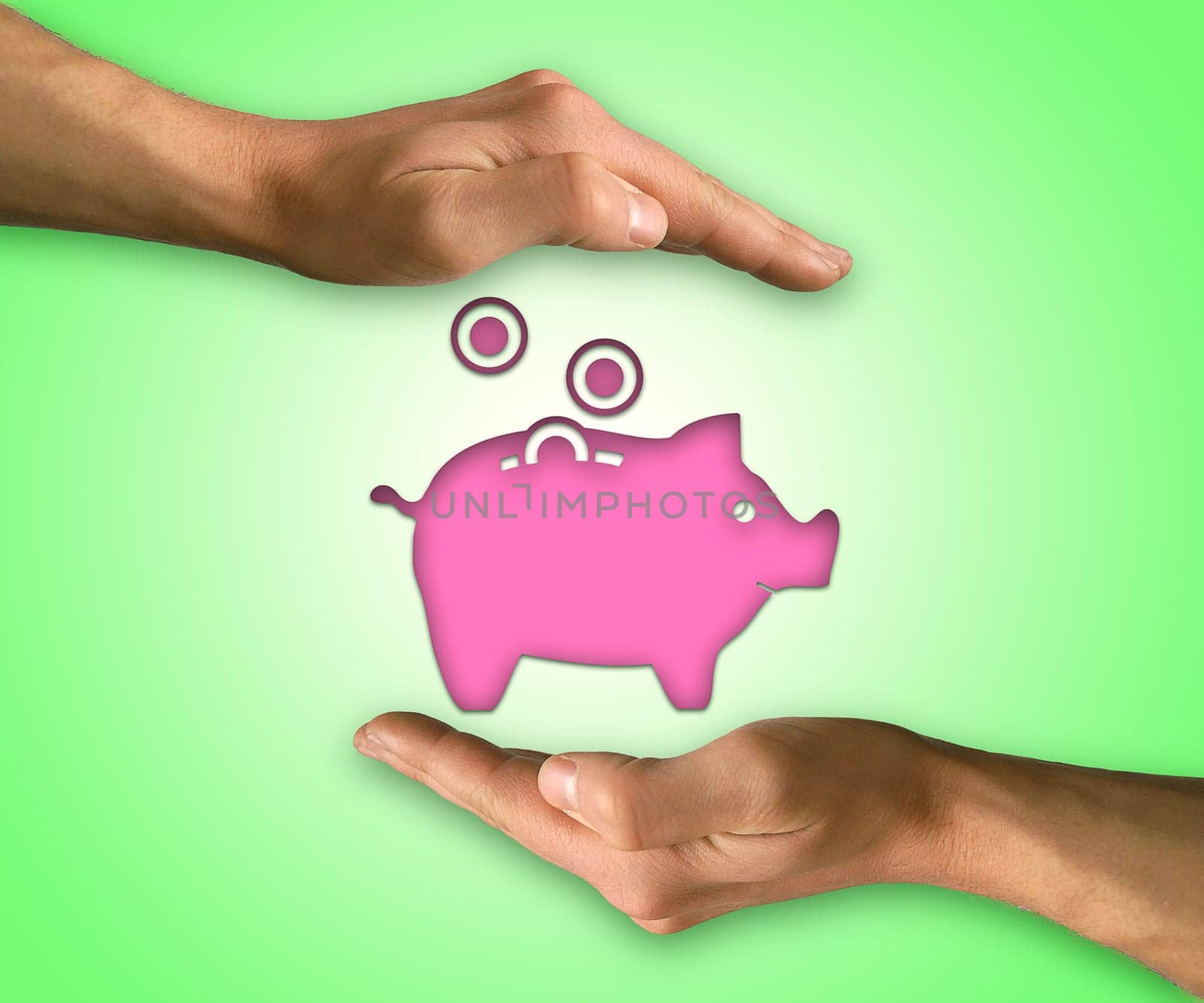 Two hands protecting piggy bank icon. Saving protect concept