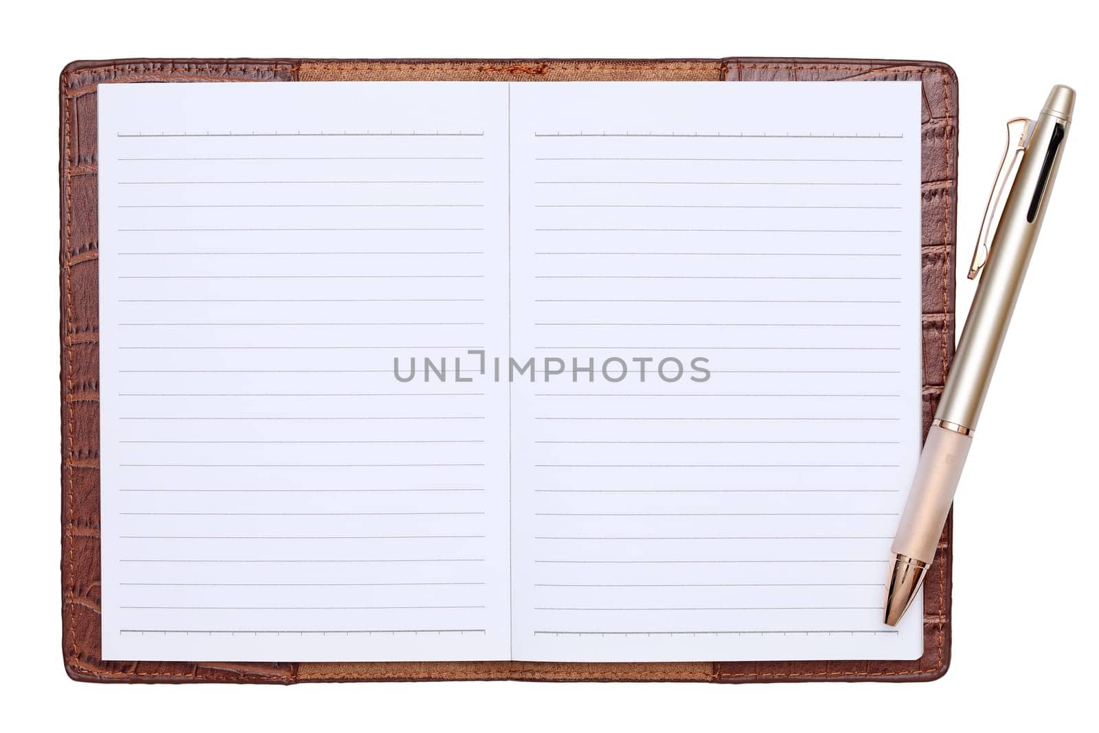 Brown leather notebook with ballpoint pen