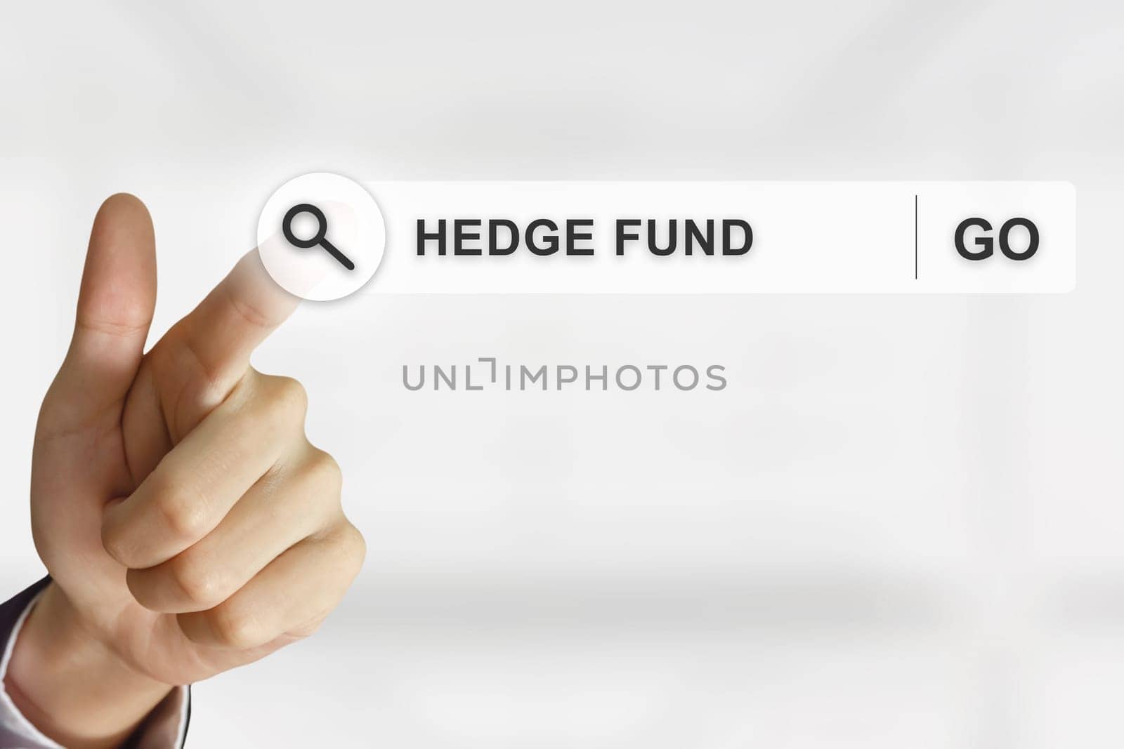 business hand clicking hedge fund button on search toolbar with blurred background