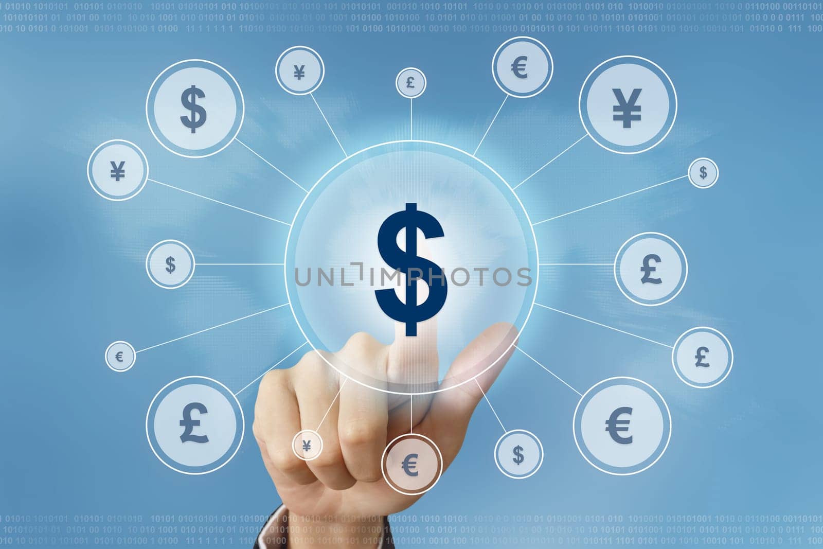 business hand pushing US dollar currency button with global networking concept