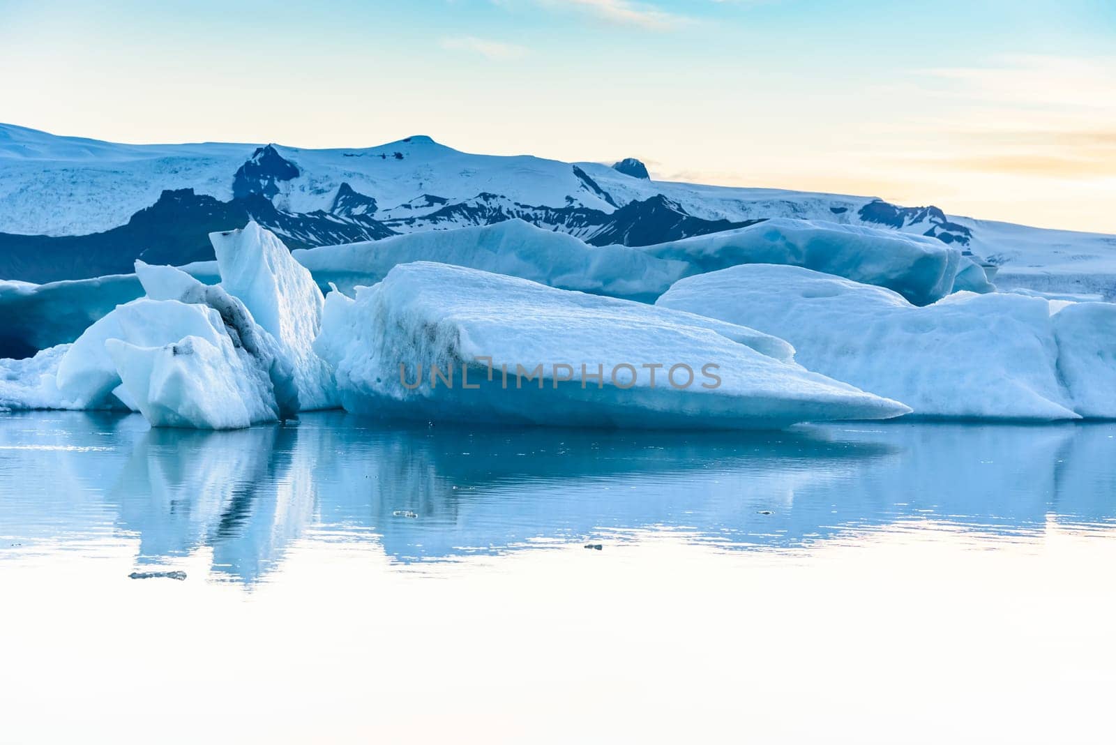 Beautiful view of icebergs in Jokulsarlon glacier lagoon, Iceland   selective focus