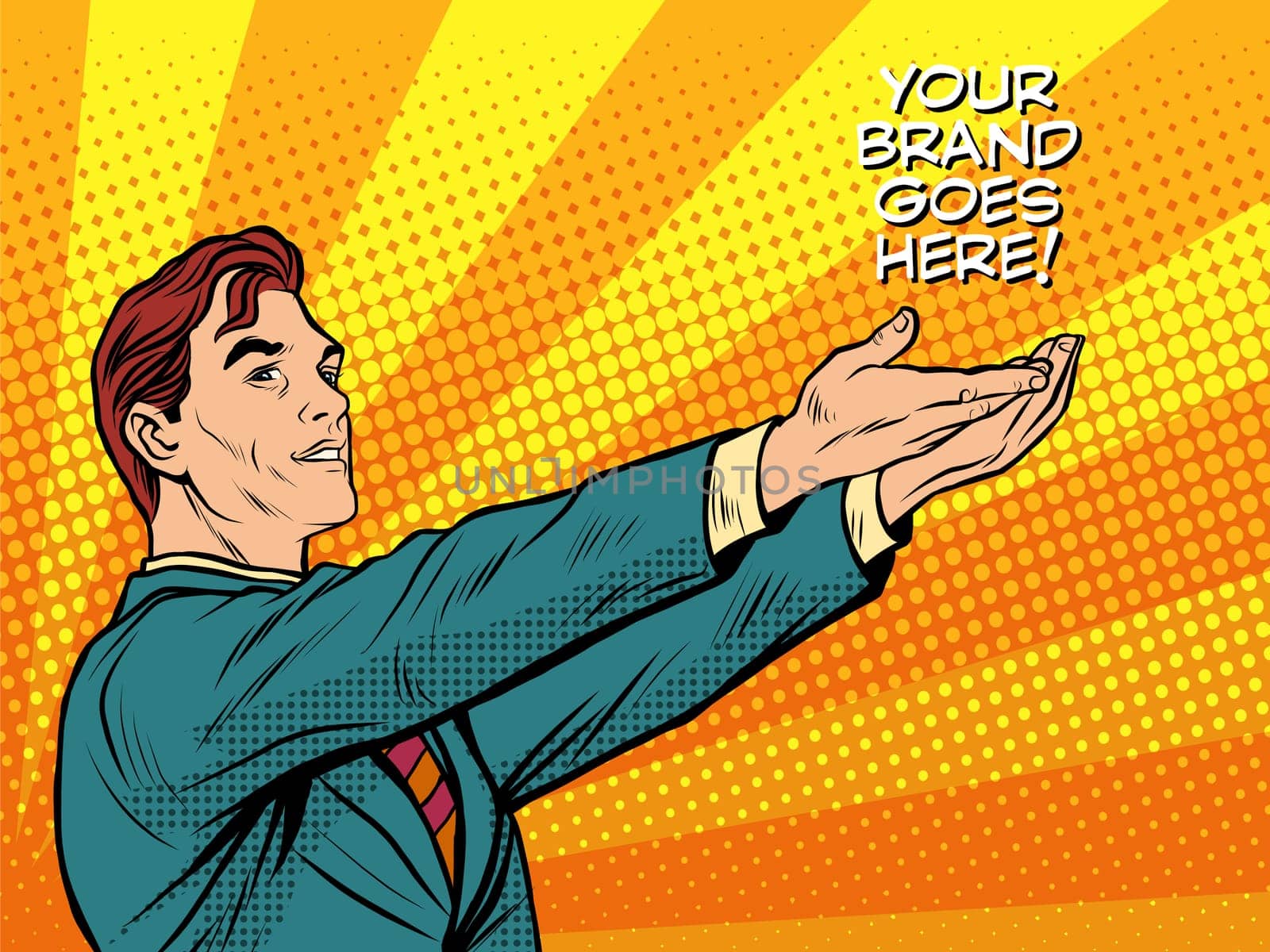 Man promo your brand goes here pop art retro style. Businessman advertises the product. Business concept of sale and advertising