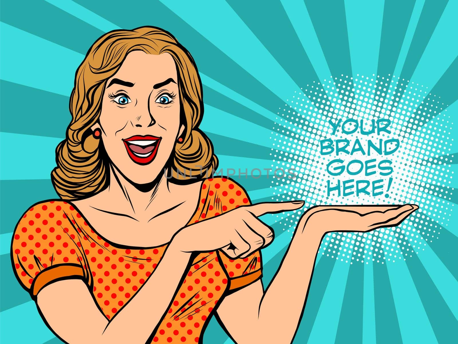 Girl promotional your brand goes here pop art retro style. A poster announcement. Business concept sales