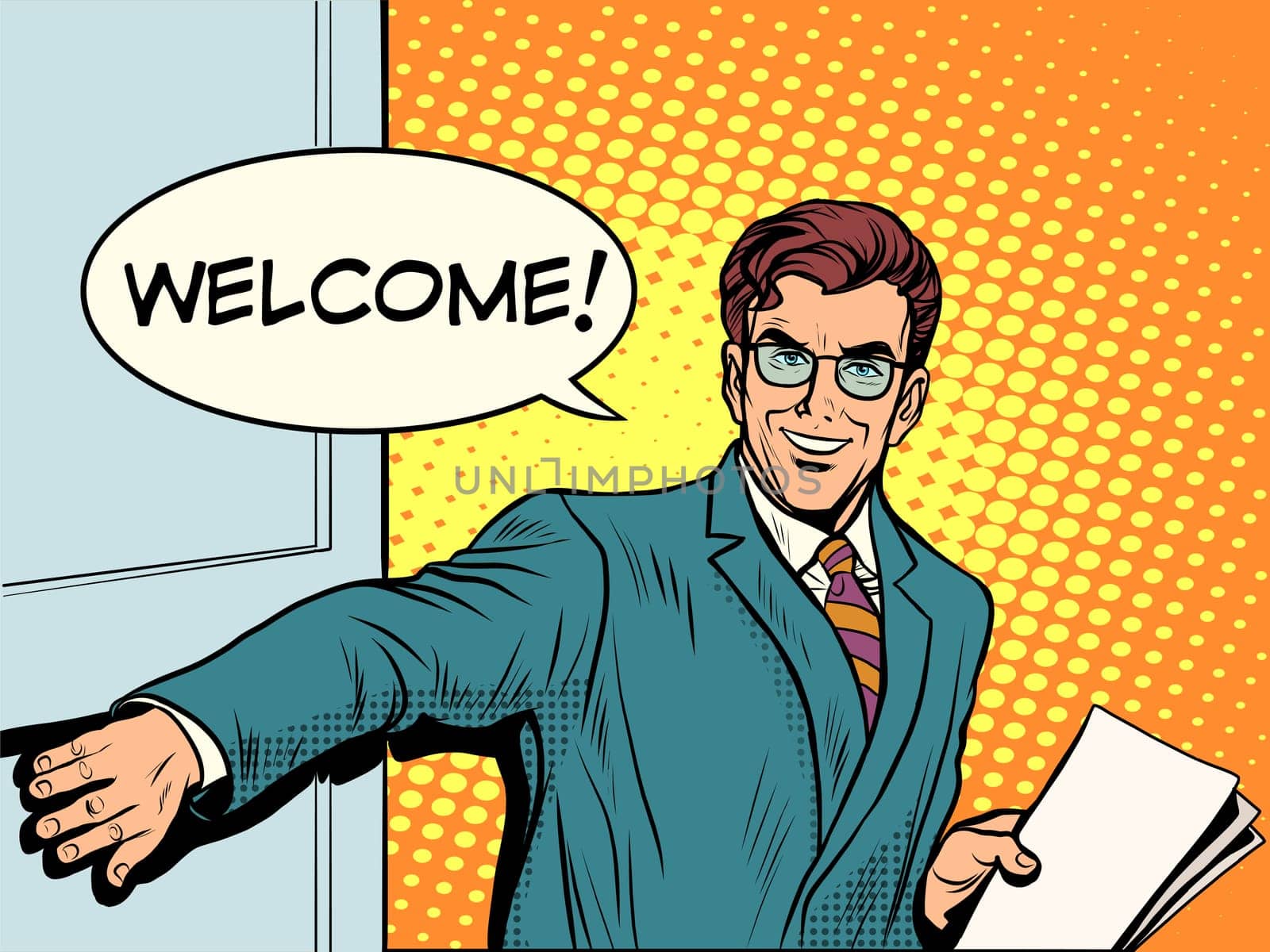 Welcome businessman opens the door pop art retro style. Input. The beginning of the business meeting