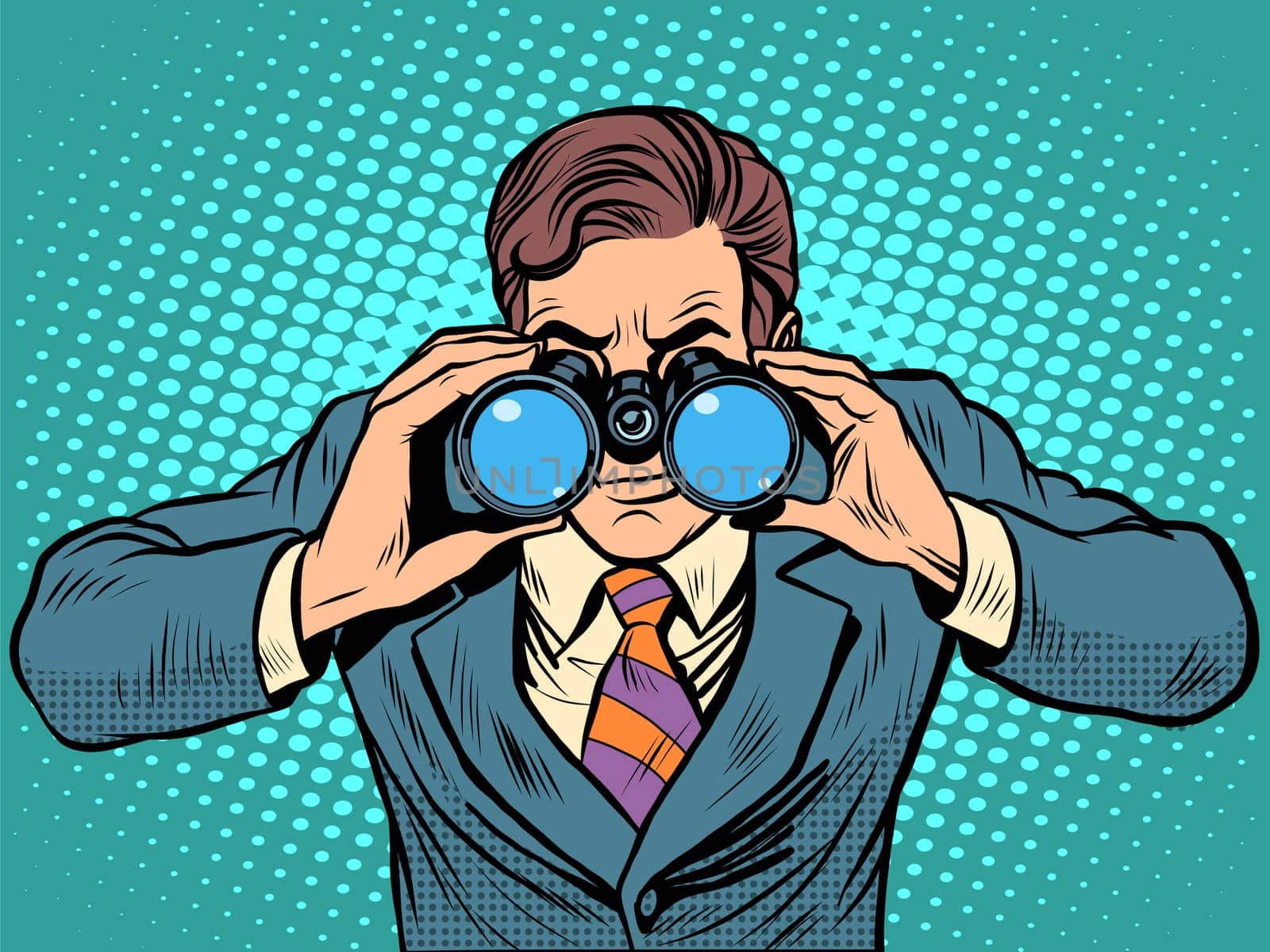 Businessman looking through binoculars. Lead vision Navigator pop art retro style. Business concept vision of the future