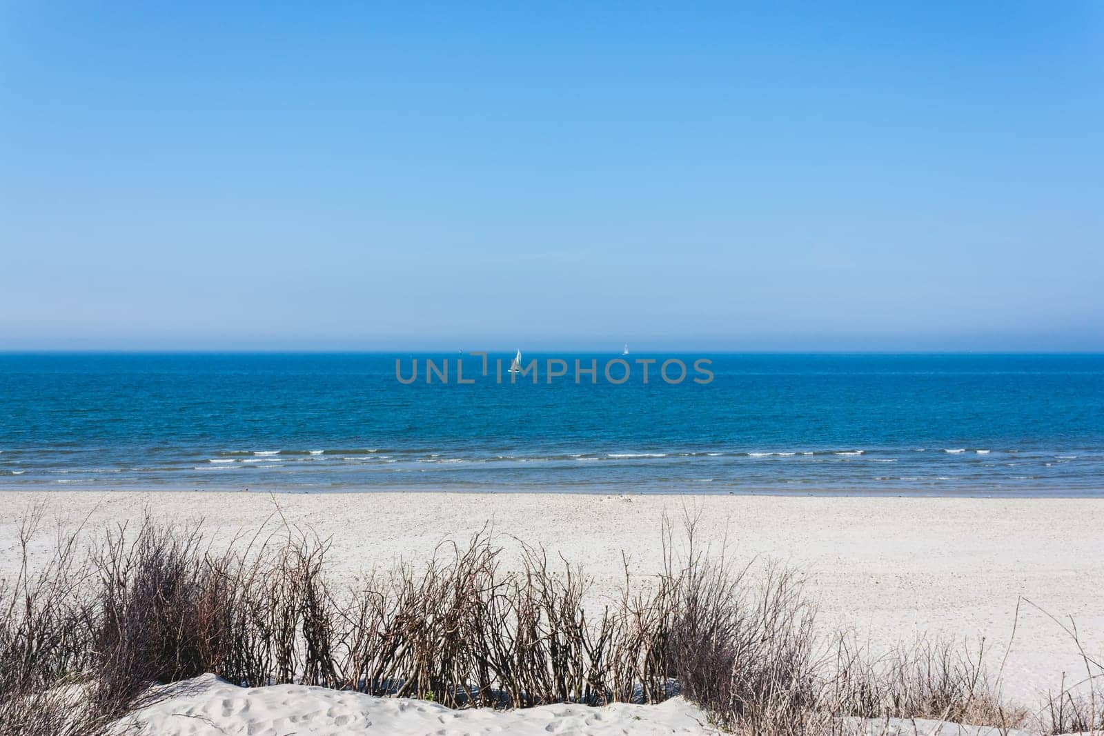 An endless sandy beach and a lonely surfer in the blue sea