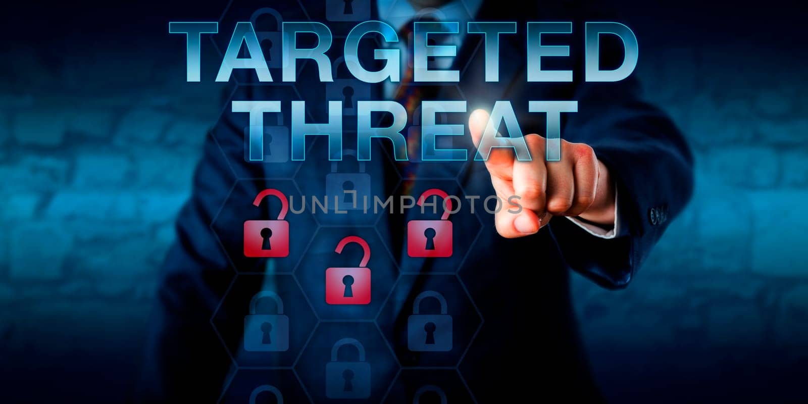 Cybercriminal pushing TARGETED THREAT onscreen. Three unlocked lock icons light up in red signifying a targeted destination attack or port attack resulting in the capture of sensitive customer data.