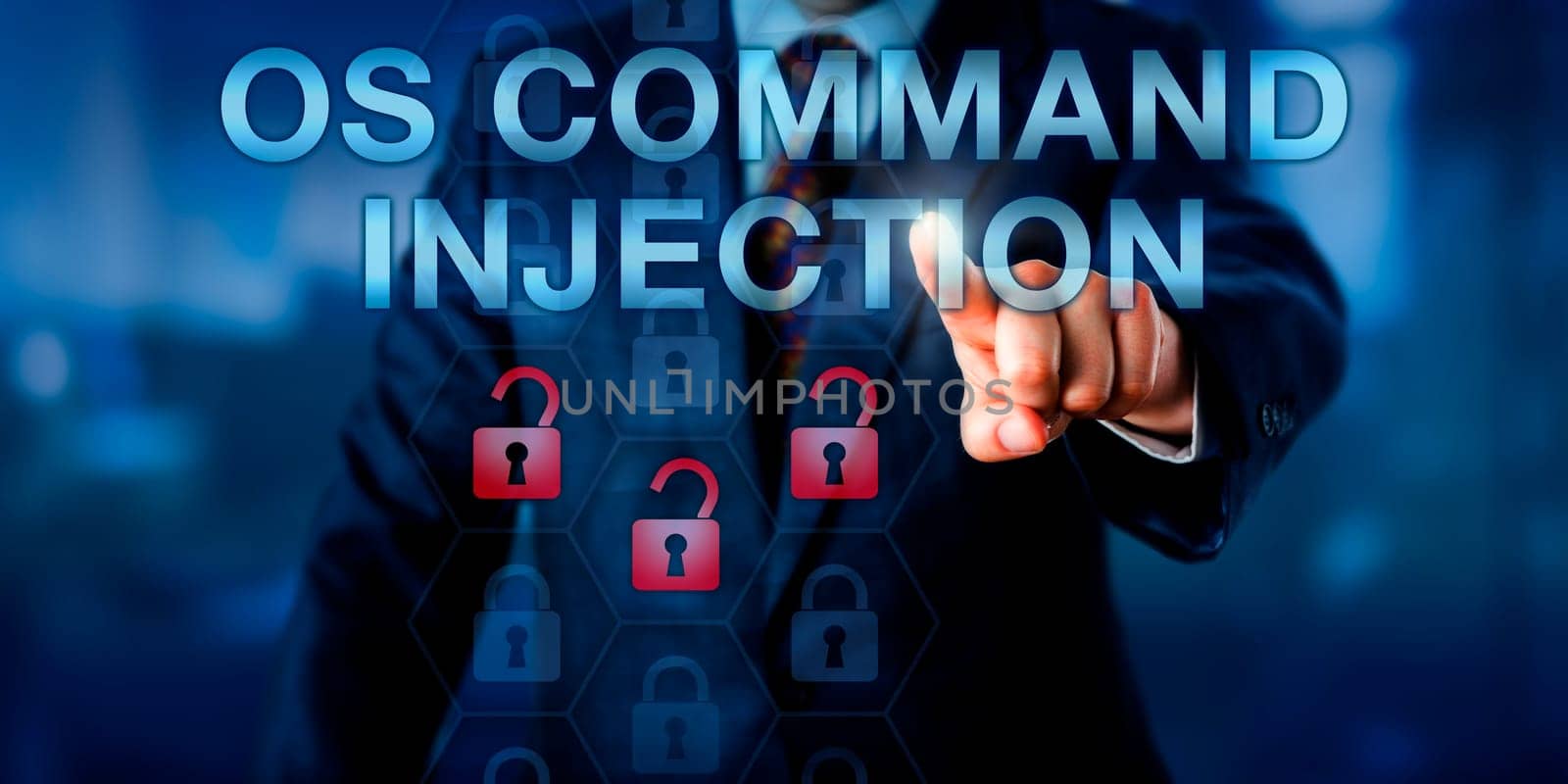 Corporate user touching OS COMMAND INJECTION onscreen. Three red opened lock icons represent the insertion of arbitrary code, insecure user supplied data or untrusted input data. Technology concept.