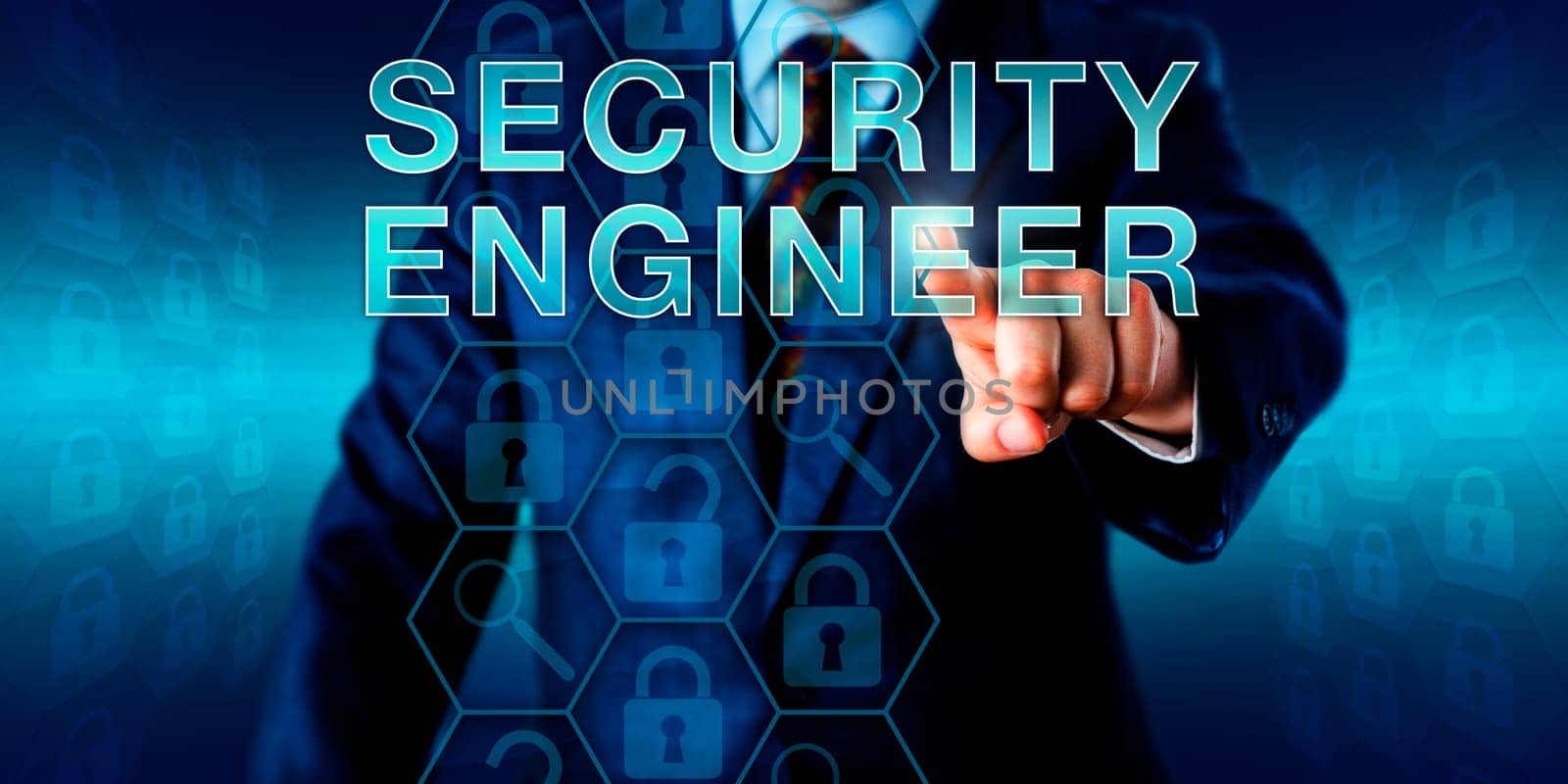 Corporate recruitment manager is pressing SECURITY ENGINEER onscreen. Technology metaphor and business role concept for a mid-level employee maintaining corporate IT security systems. Copy space.