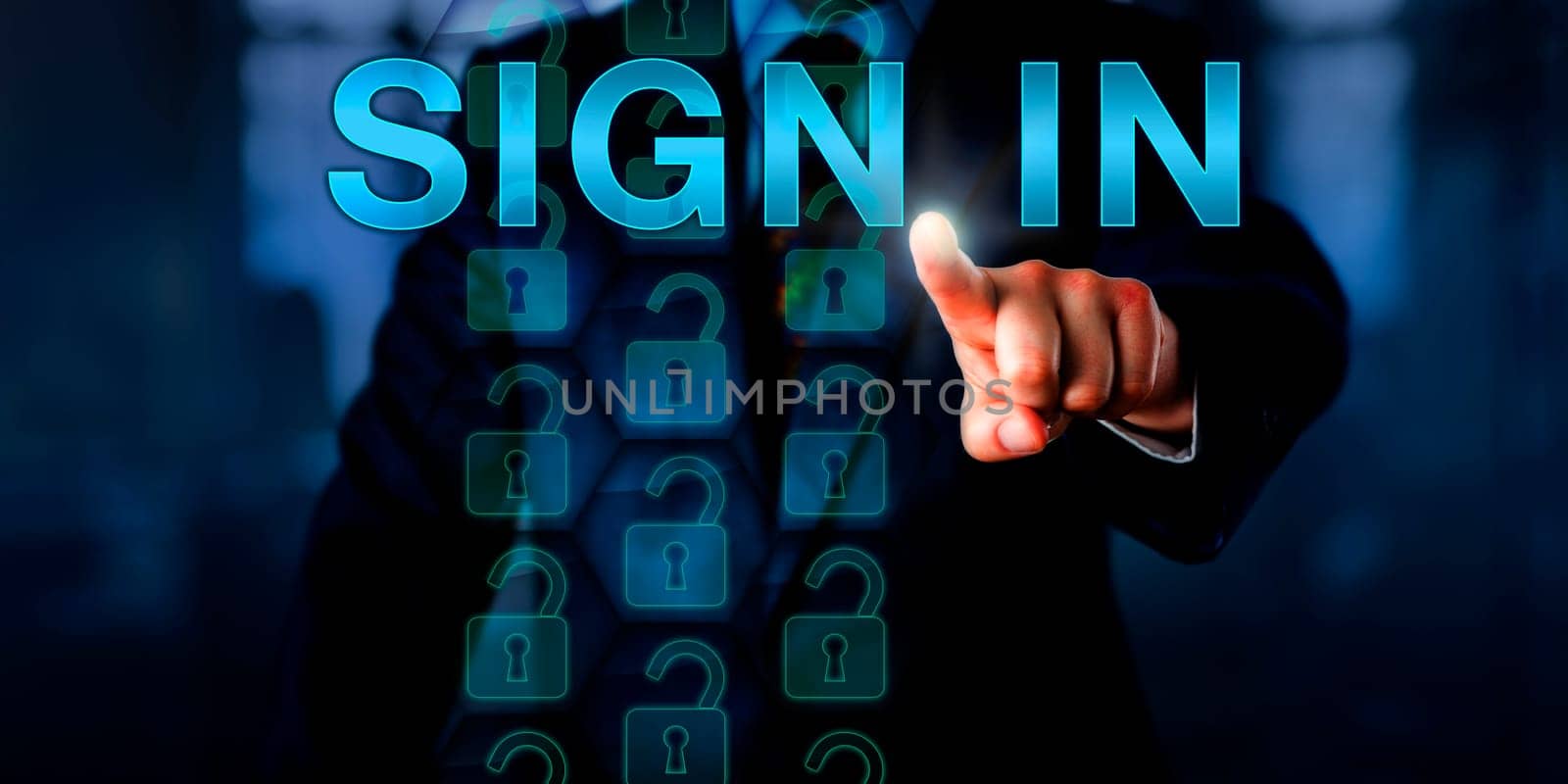 Entrepreneur in business suit is pointing at SIGN IN on a touch screen interface. Unlocked padlock icons do represent authorized computing access upon successful identification and authentication.