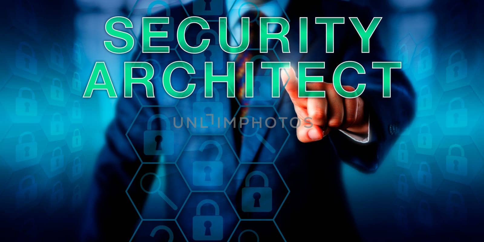 Corporate employer is pushing SECURITY ARCHITECT onscreen. Unlocked and secured virtual locks embedded in a hexagonal structure represent software infrastructure with vulnerabilities to be assessed.