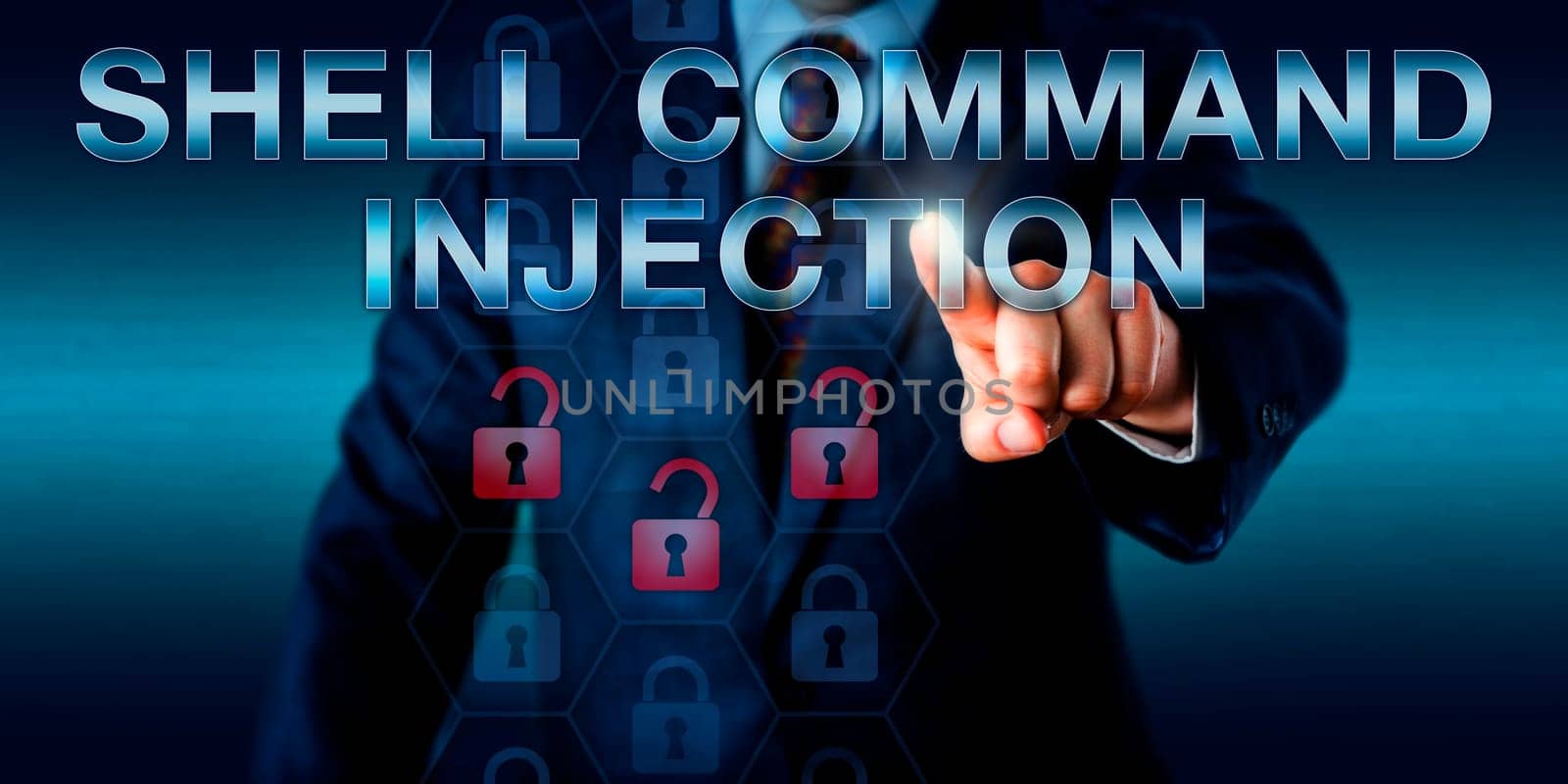 Software developer pushing SHELL COMMAND INJECTION onscreen. Three opened lock icons light up in a code matrix to signify a loss of data confidentiality and unauthorized access by a remote attacker..
