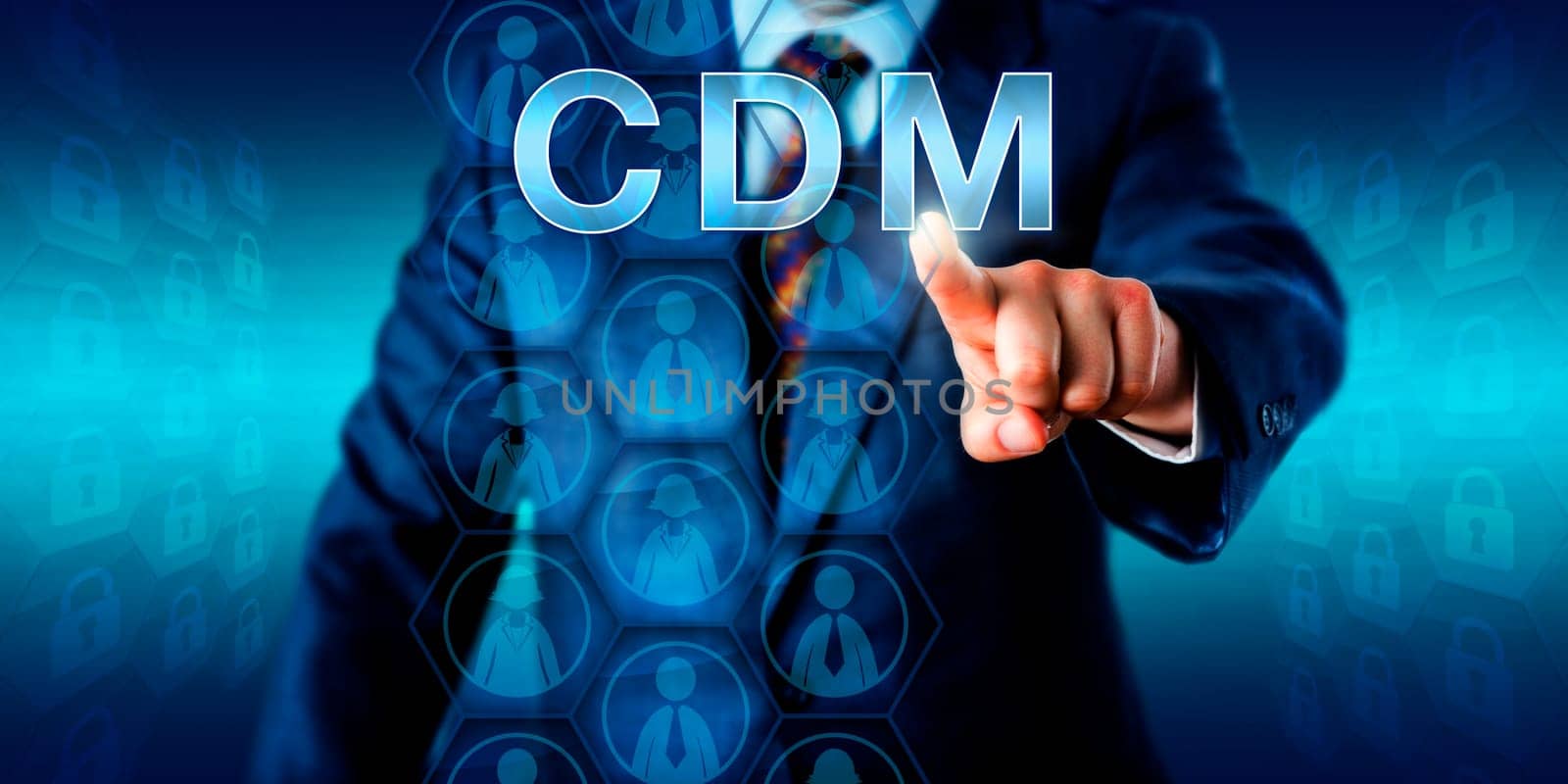 Corporate manager is pressing CDM onscreen, while organizing female and male business customer icons in a hexagonal data set matrix. Business and technology concept for customer data management.