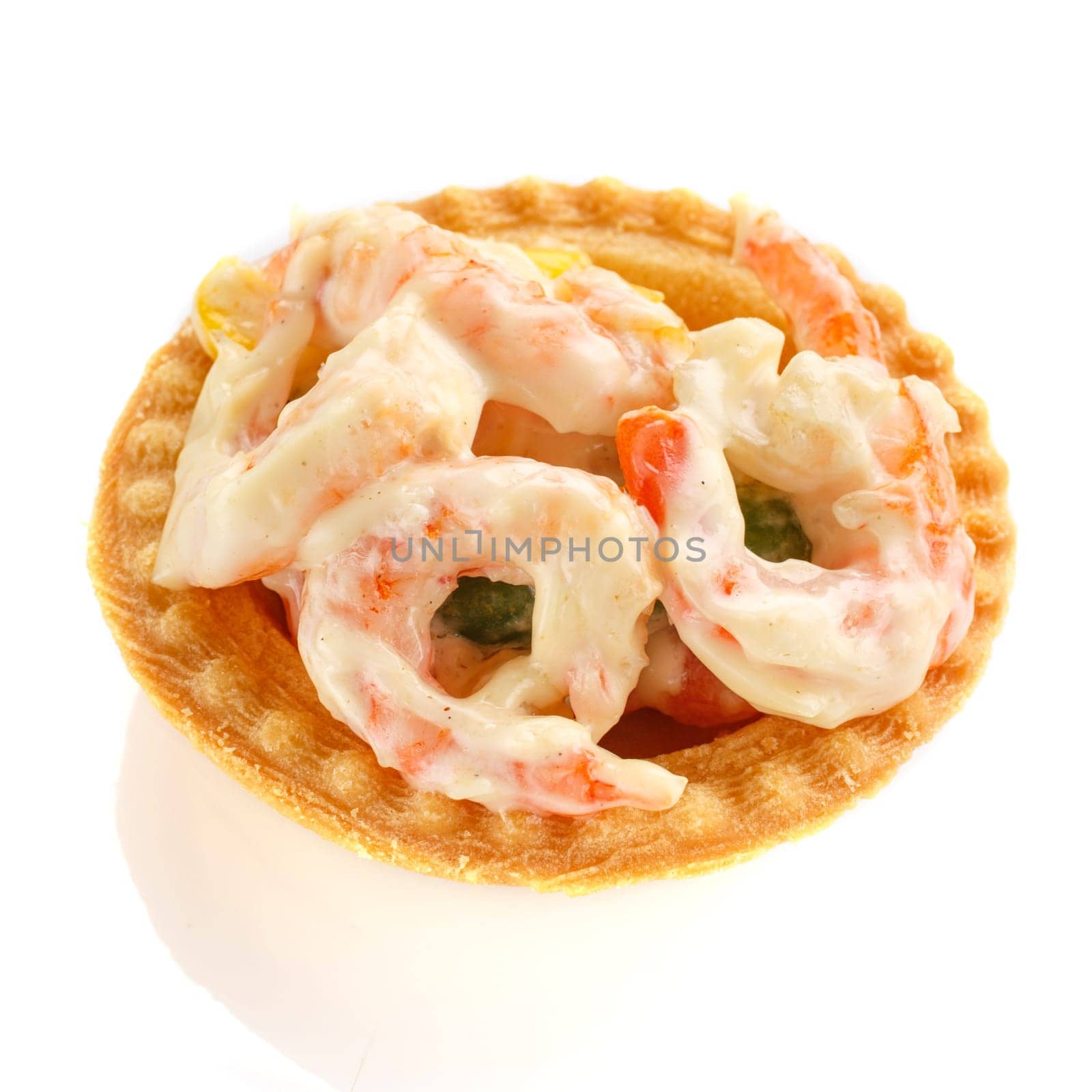 Delicious buffet,  settee with shrimp on  white background