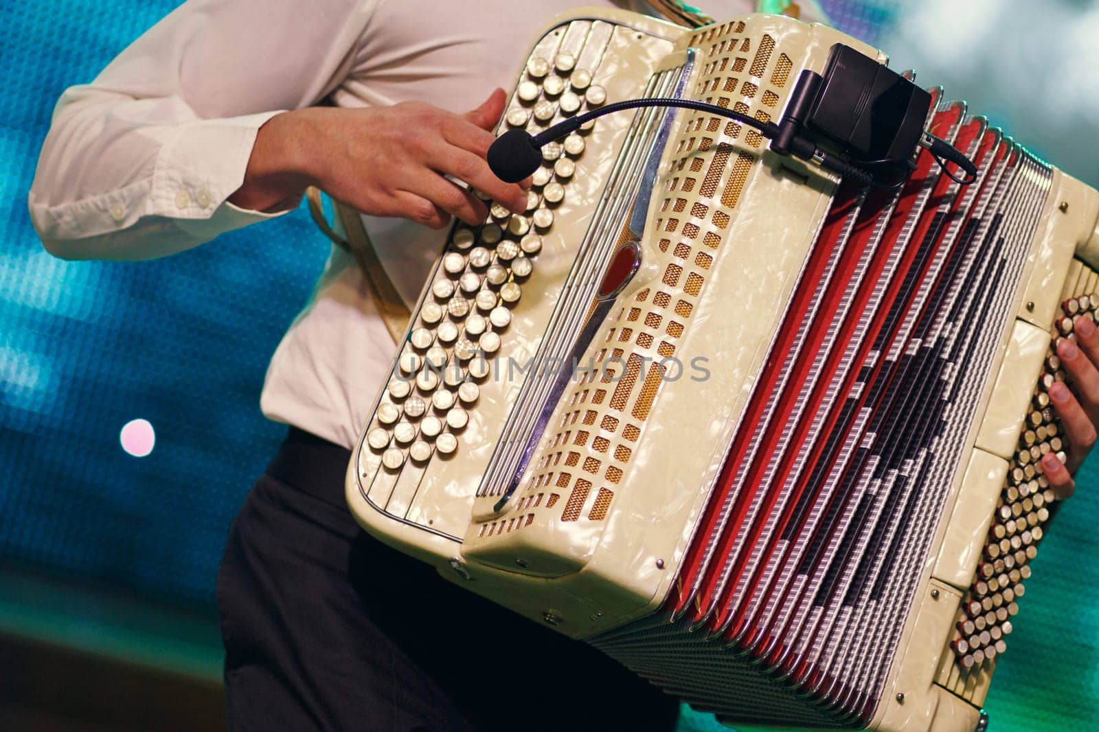 Closeup detail of hands playing a black accordion instrument