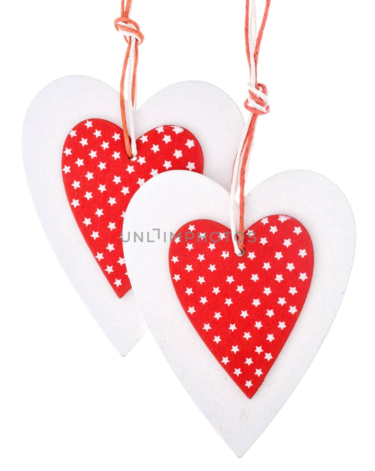 White and red sewed christmas hearts isolated on background, Holiday background for greetings Valentine&#39 s  day