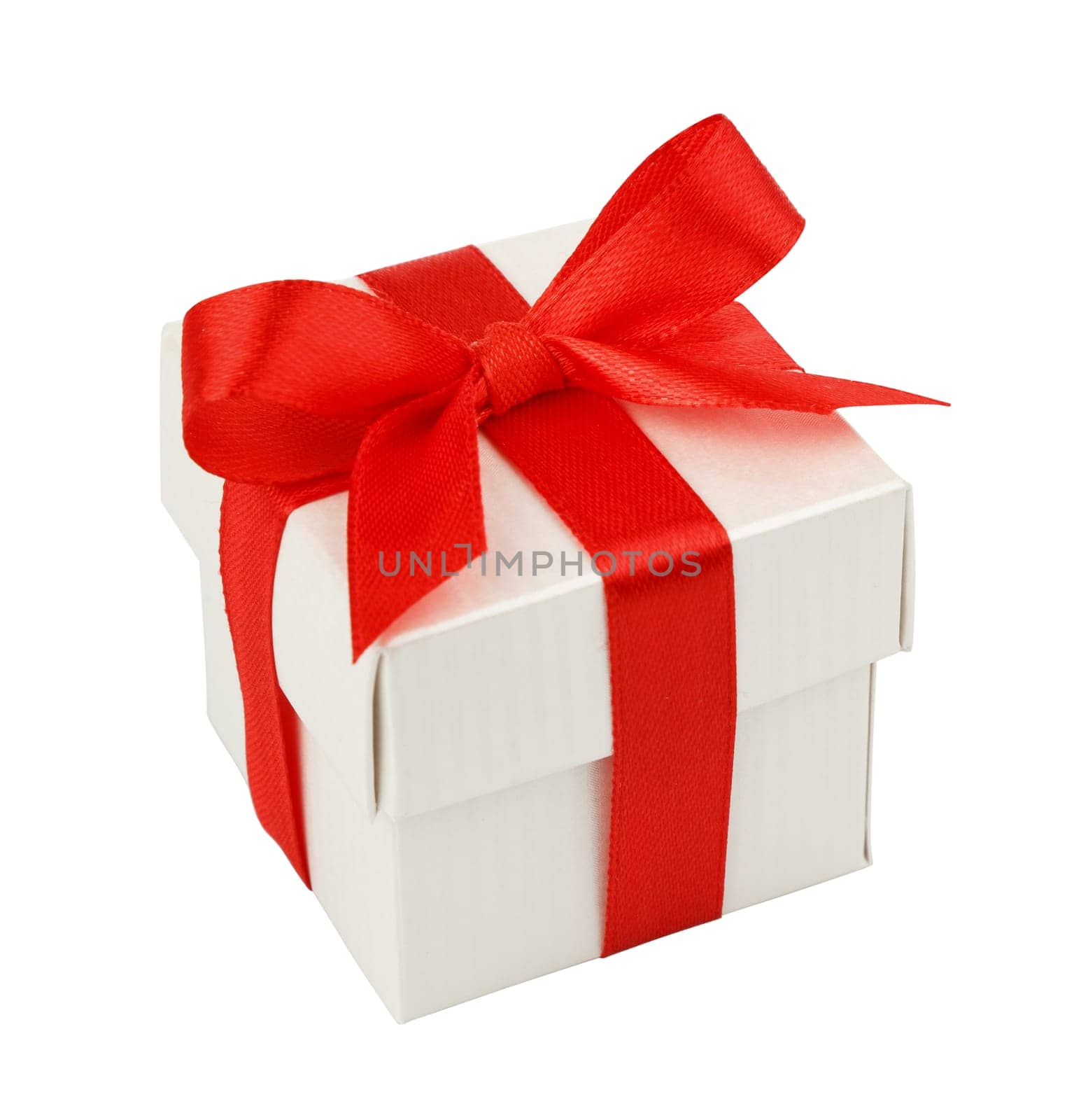 white gift box with red ribbon and bow isolated on white top view