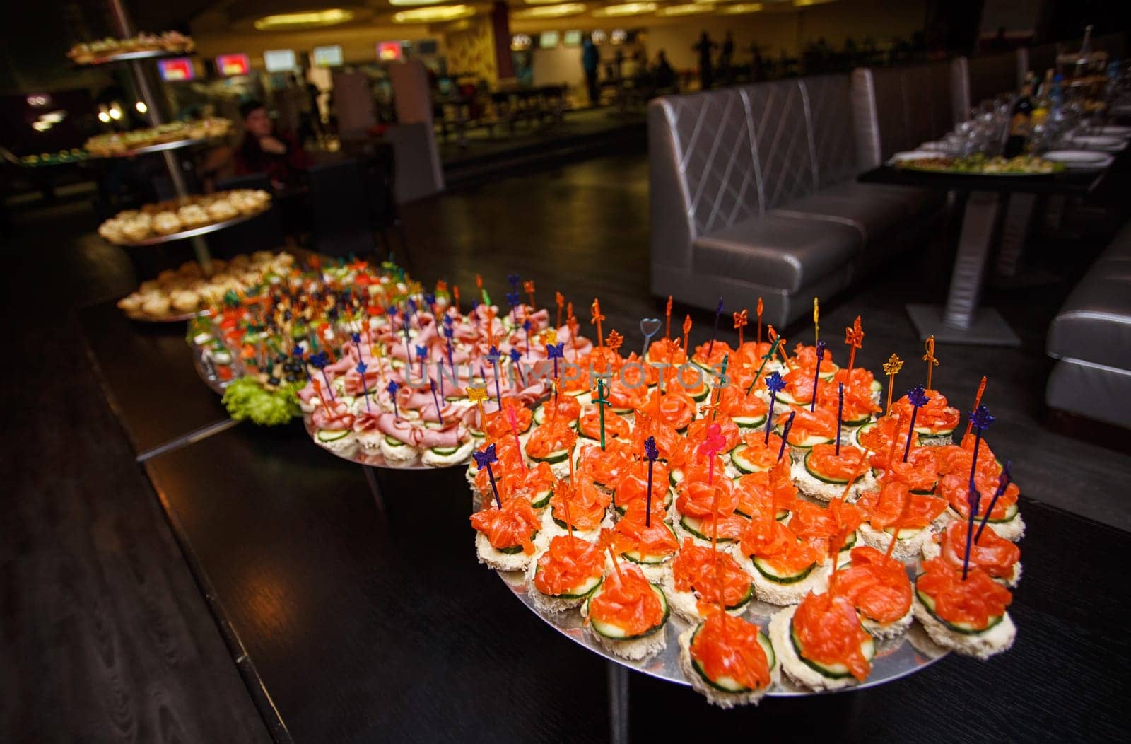 catering services background with snacks on guests table in restaurant at event party