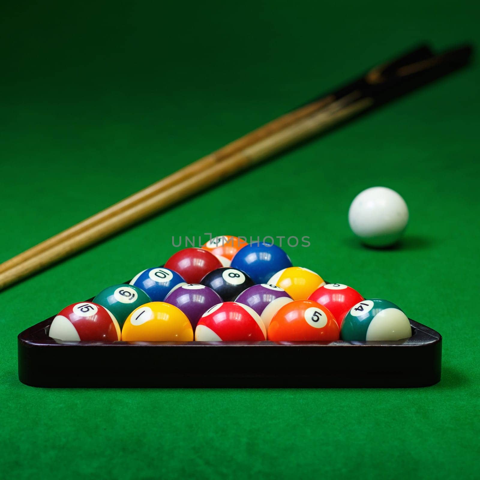 Billiard balls pool on green table, game