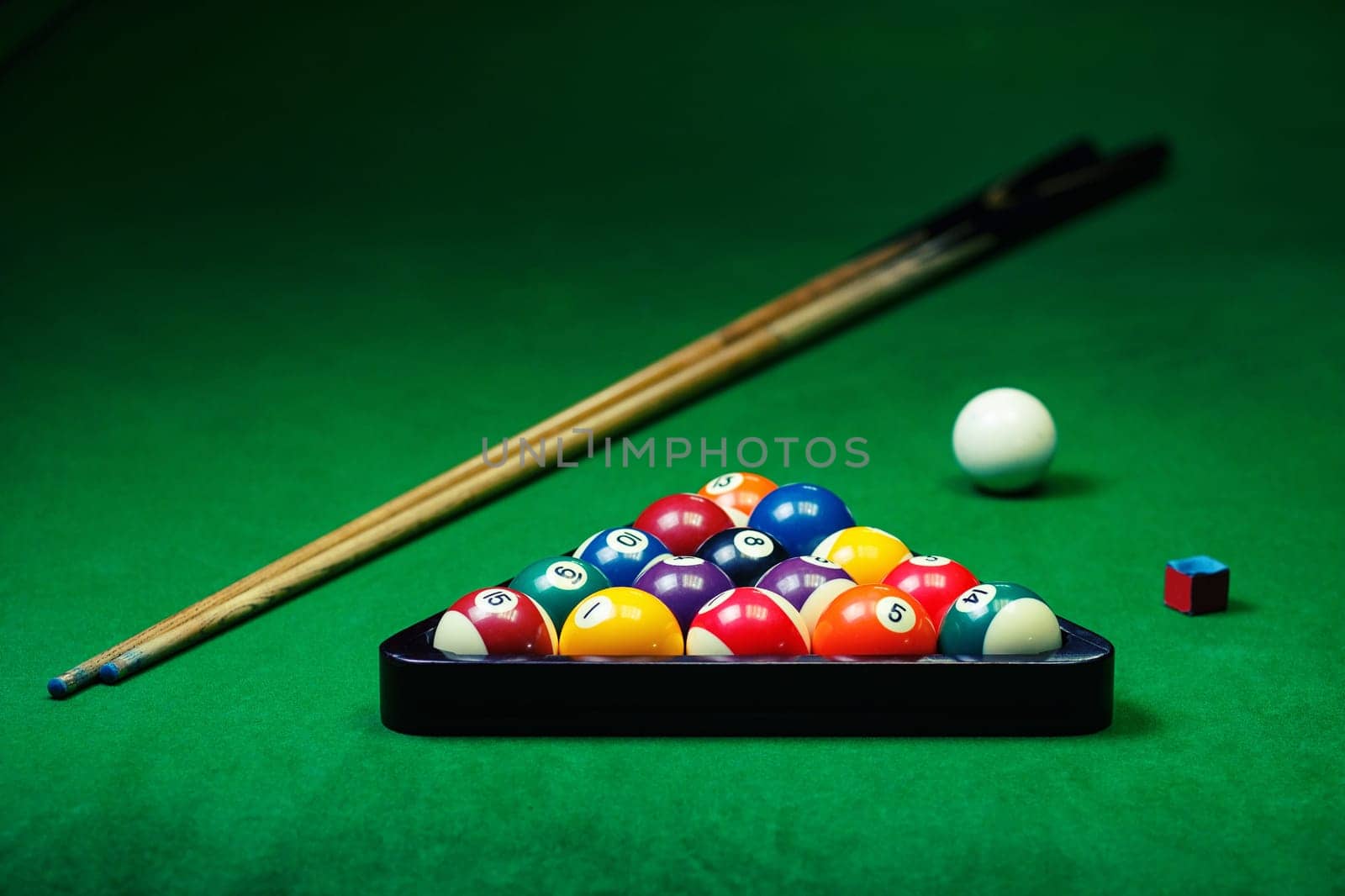 Billiard balls pool on green table, game