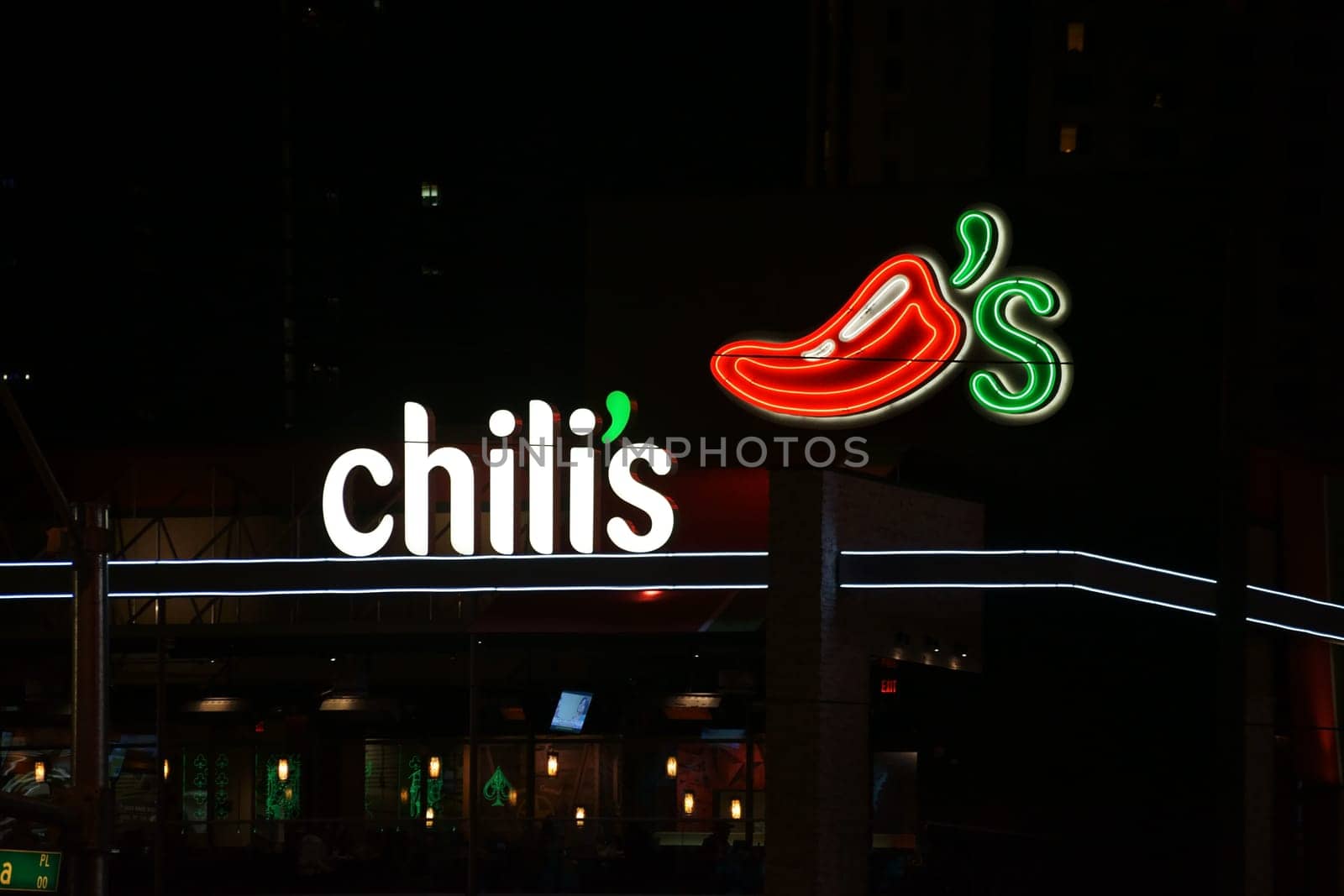 Las Vegas,United States - December 23,2015: The logo and window row of the Chili's restaurant on the night of December 23,2015 on Las Vegas Boulevard in Las Vegas.