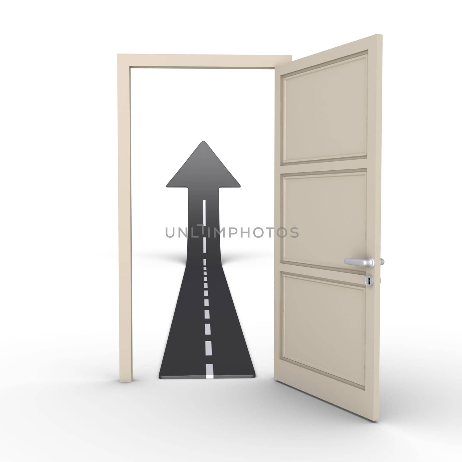 An opened door reveals a rising arrow as a road