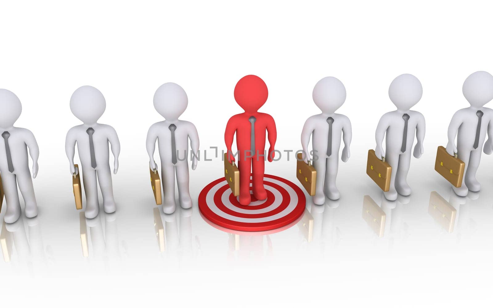 Businessmen in a row and a red one is on a target