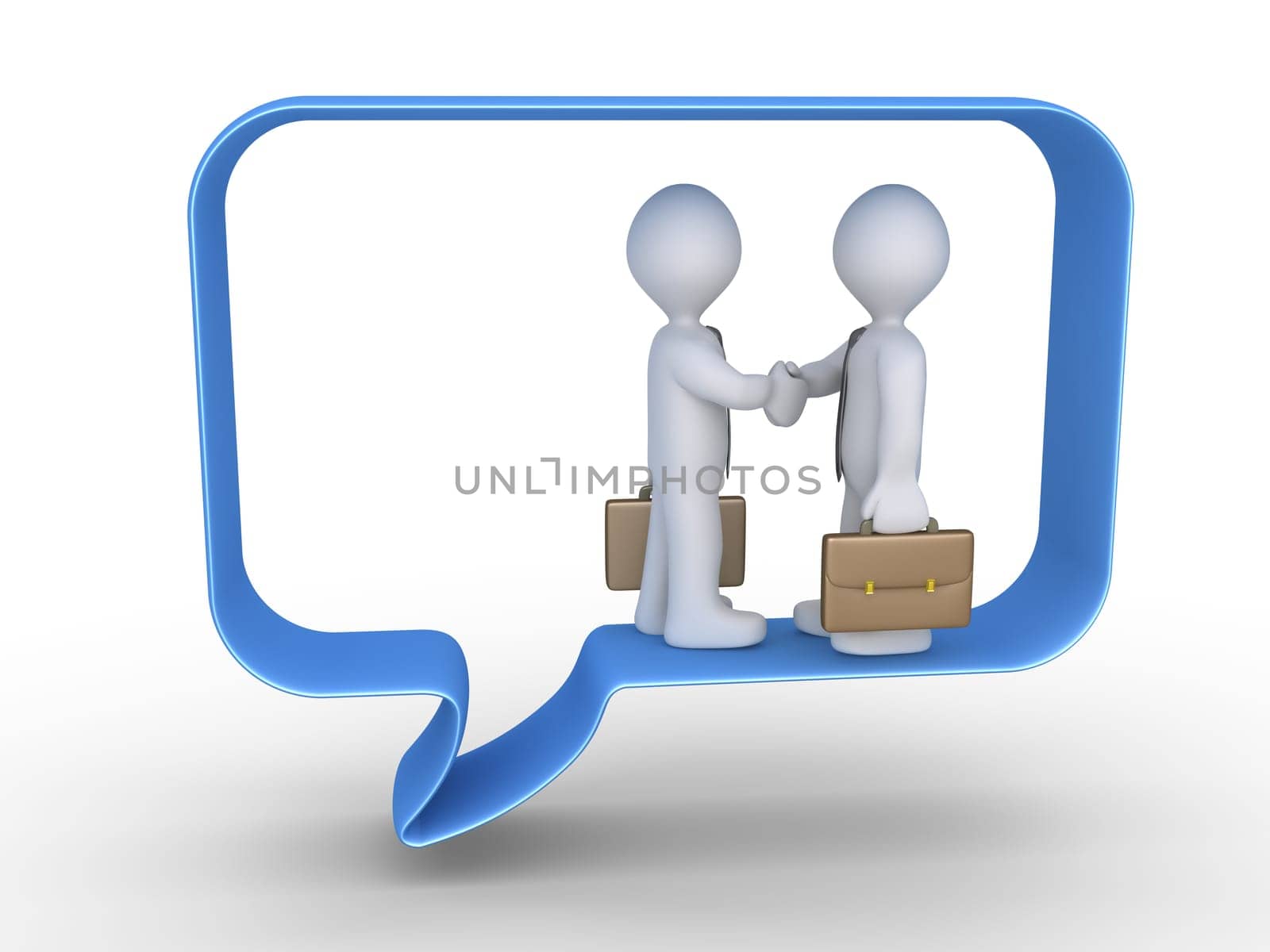 Businessmen shake hands inside a big speech bubble