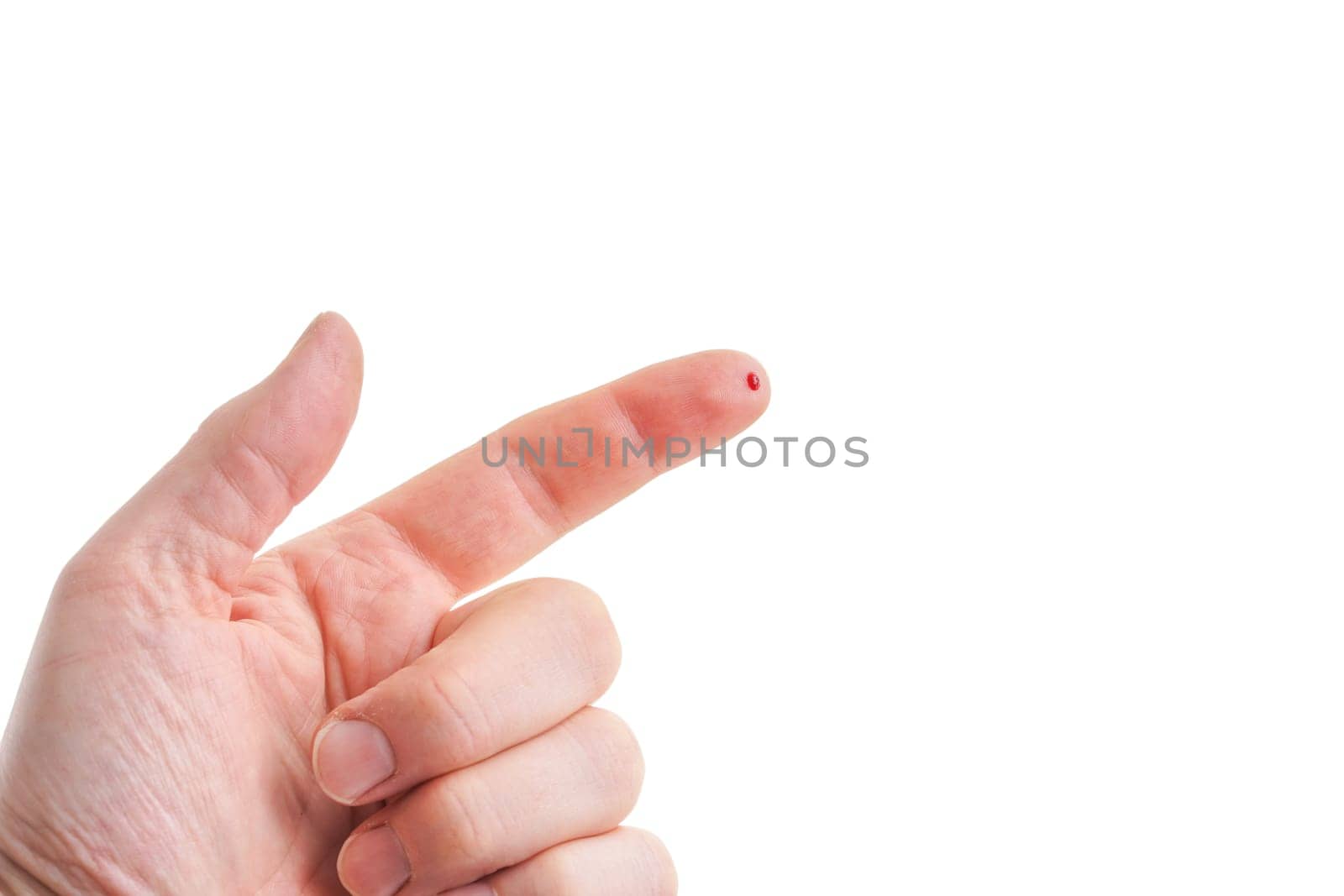 one finger with blood drop, isolated on white