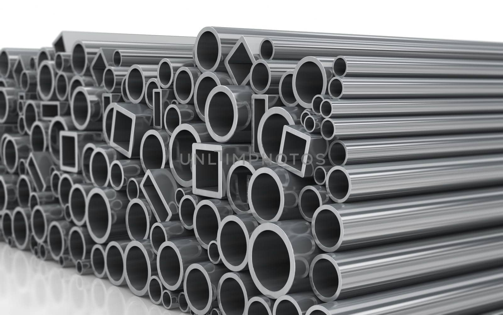 Metal profile and pipes on white background