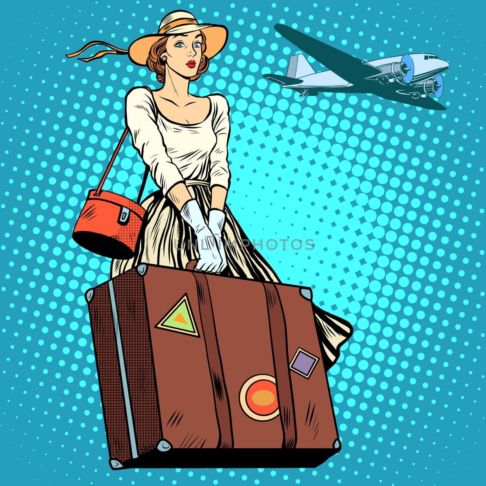 girl travel suitcase airport pop art retro style. Tours and tourism. Vacation, trip, flight