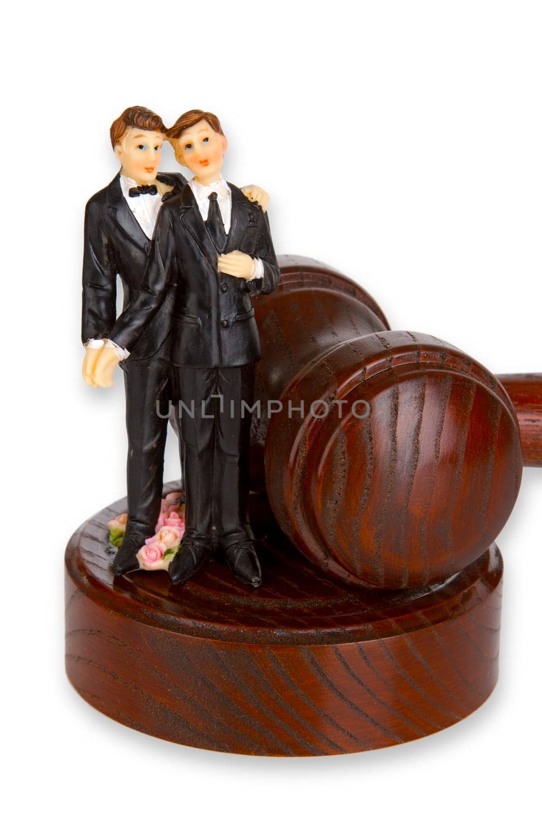 Figures of a homo couple with court hammer released on white background