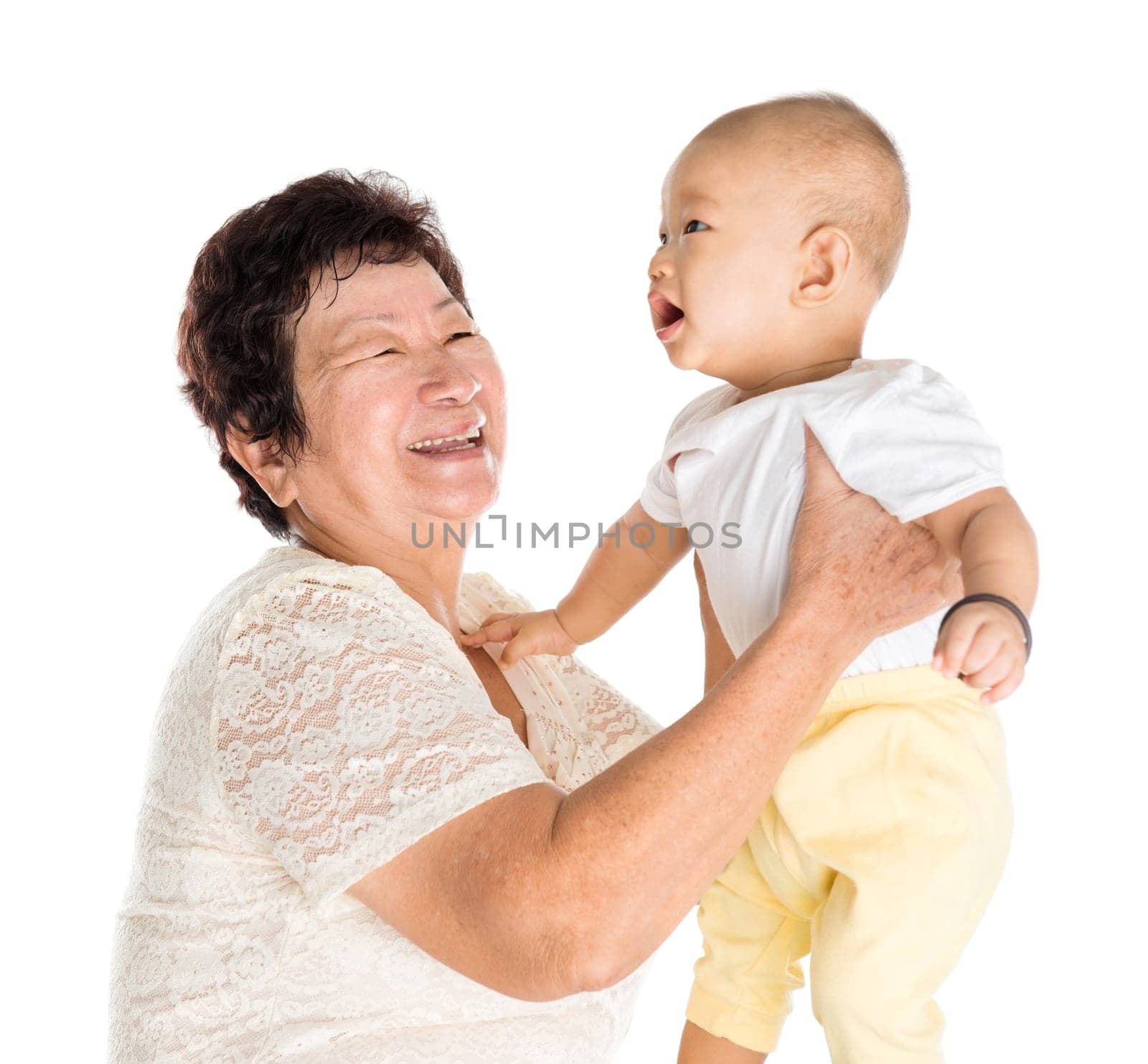 Asian grandmother and grandchild portrait, isolated on white background.