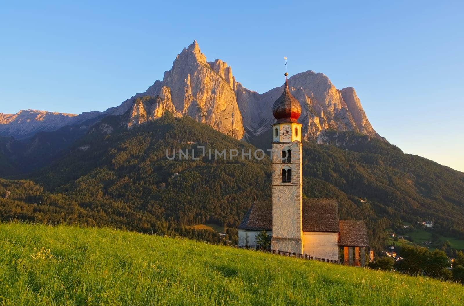 St. Valentine with Schlern in the Dolomites - church St. Valentin and mountain Schlern in Dolomites
