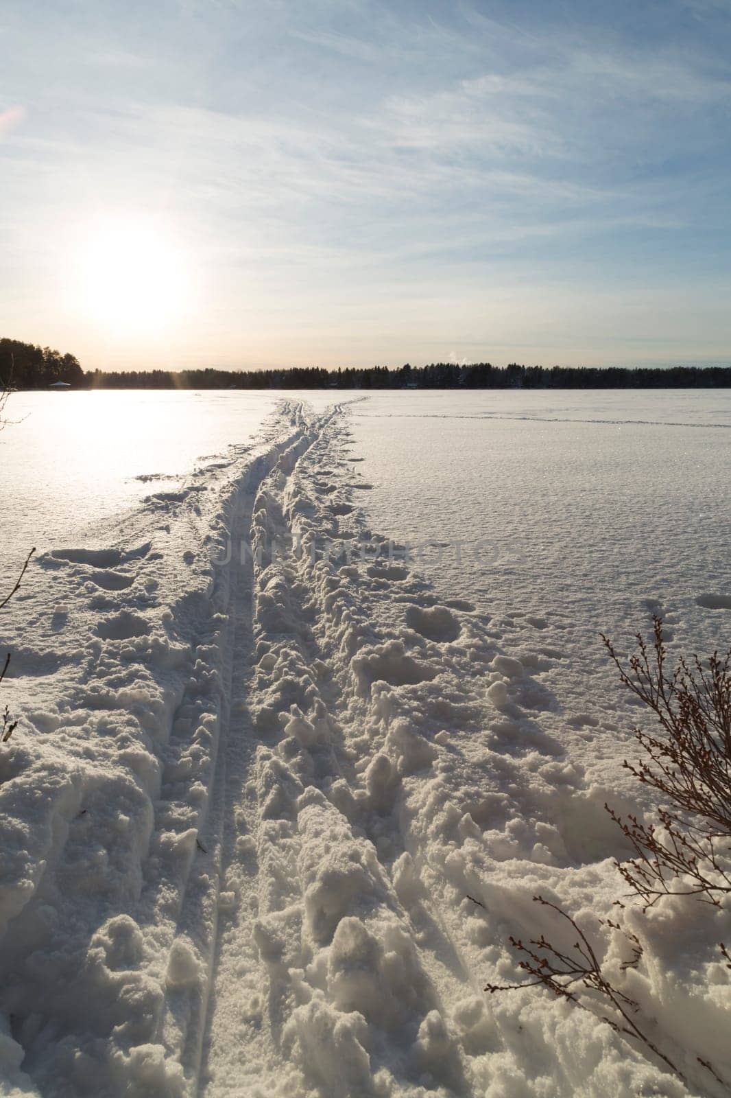 Cross Country Ski Tracks on Lake in Umea, Sweden.