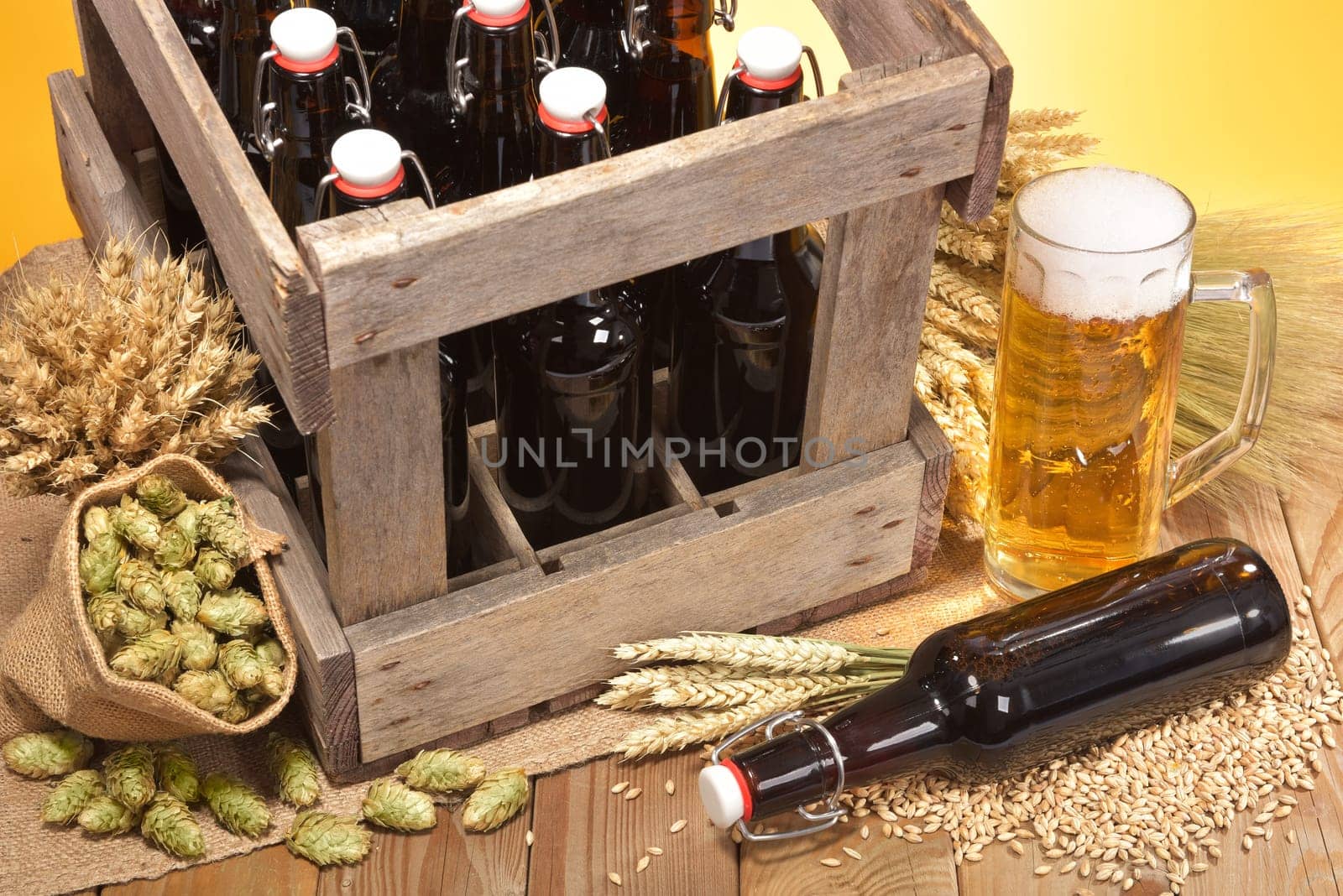 Beer box and beer glass with wheat,barley,hops and malt