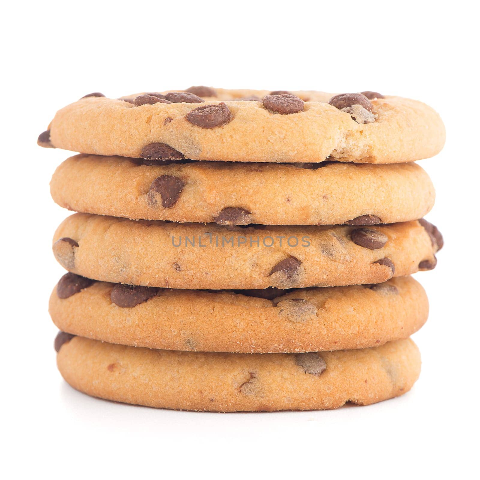 Stack of chocolate cookies isolated on white background.