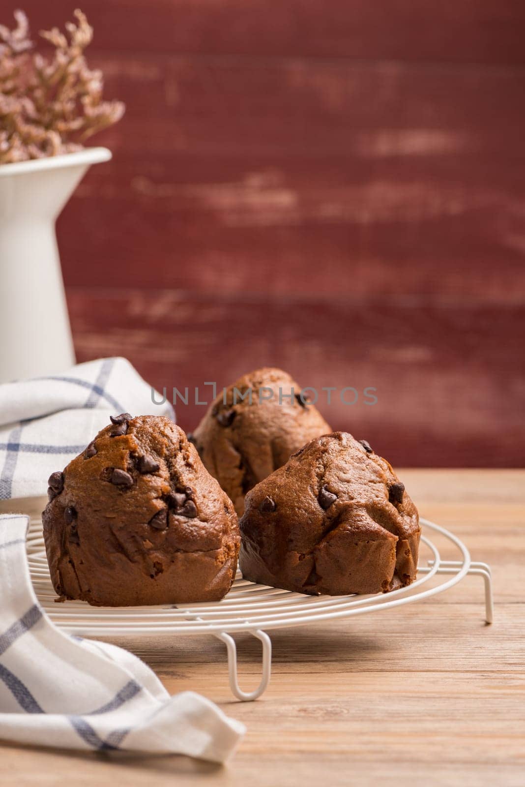 Baked chocolate muffins cooling off on wire mesh