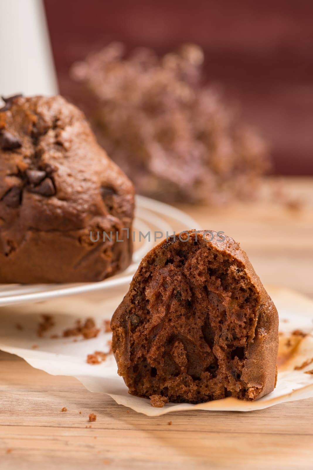 Baked chocolate muffins cooling off on wire mesh