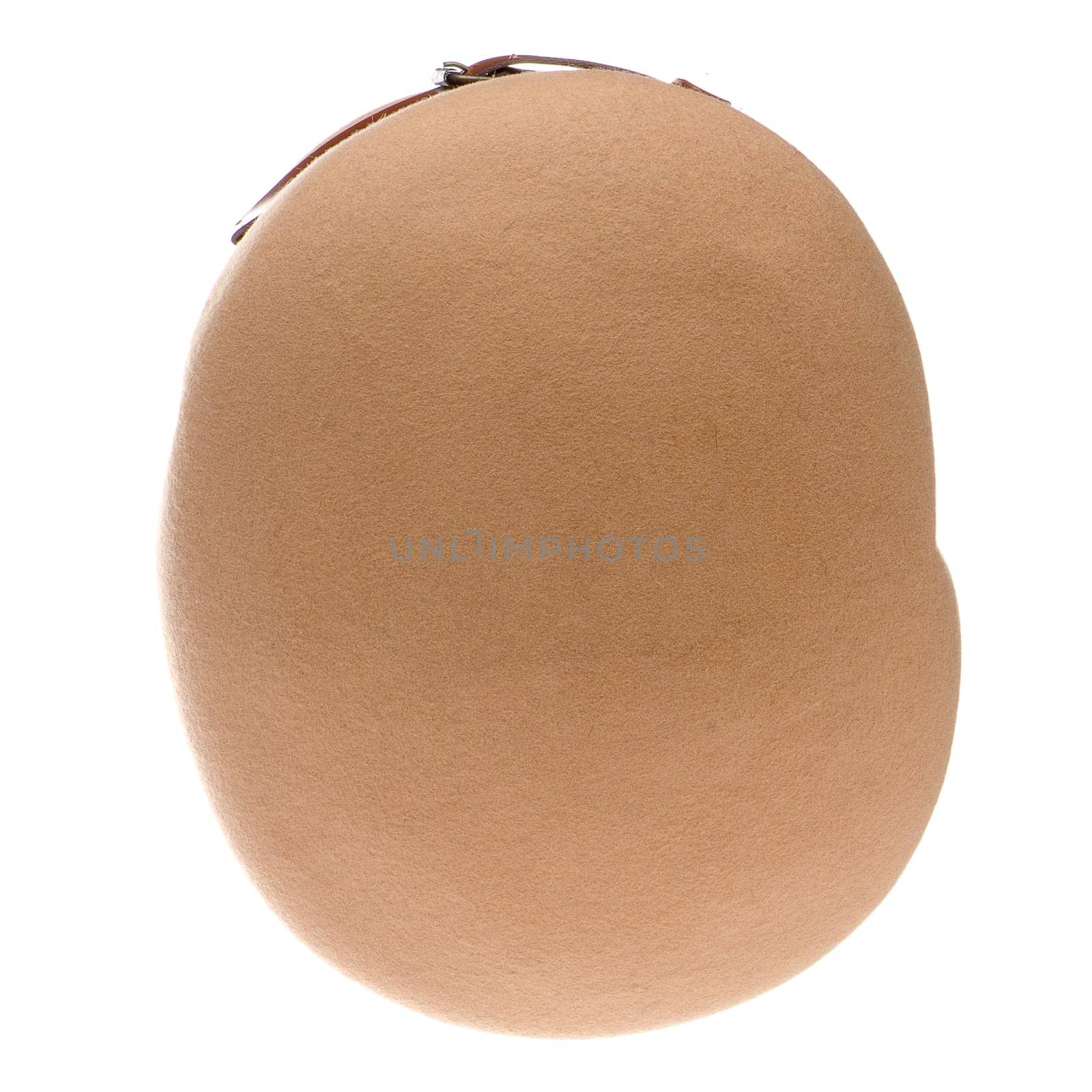 Brown retro style felt cap, top view,  on white background.
