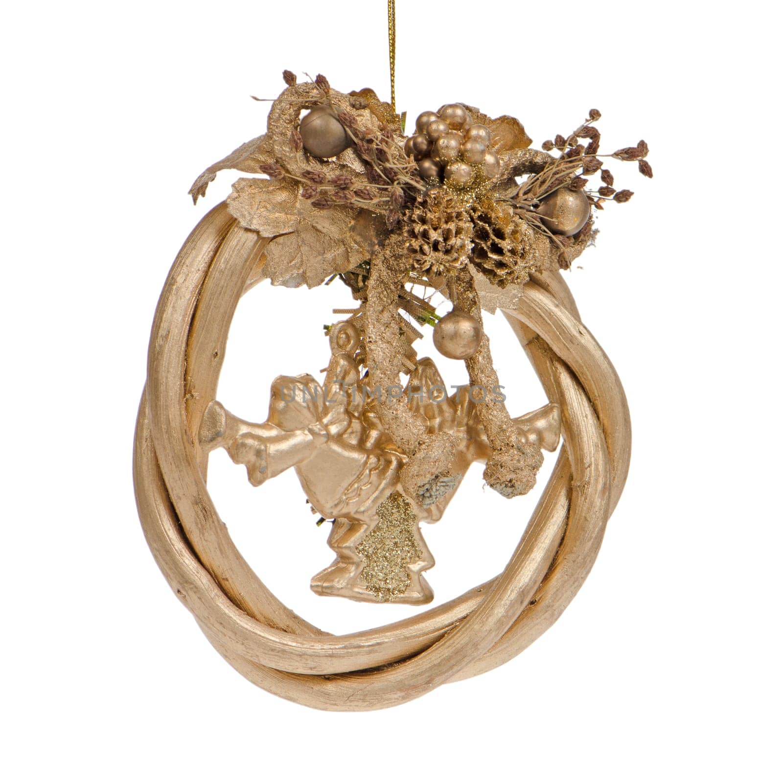 A gold christmas wreath isolated on white background.