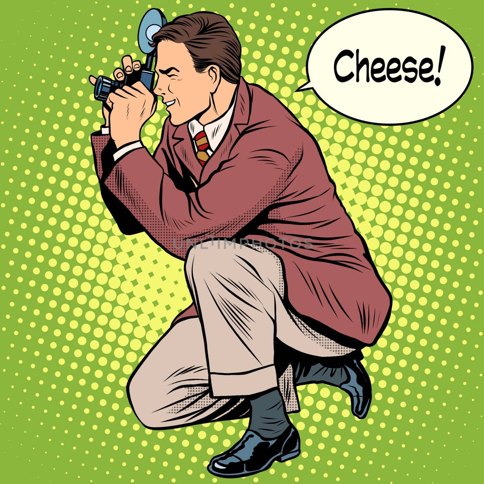 Photographer photographing cheese smile pop art retro style. Appliances and gadgets. The triumph and work of the photographer. The press and bloggers