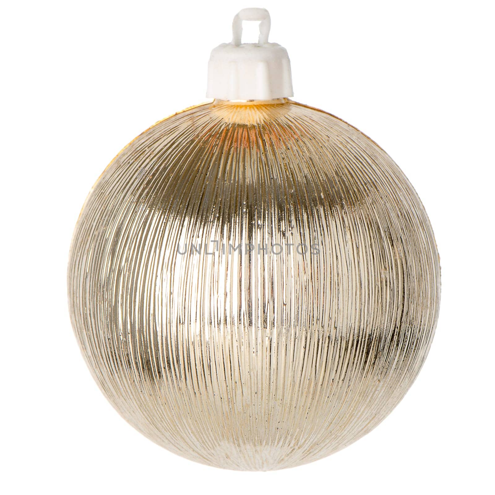 Big golden Christmas ball decoration isolated on white background.