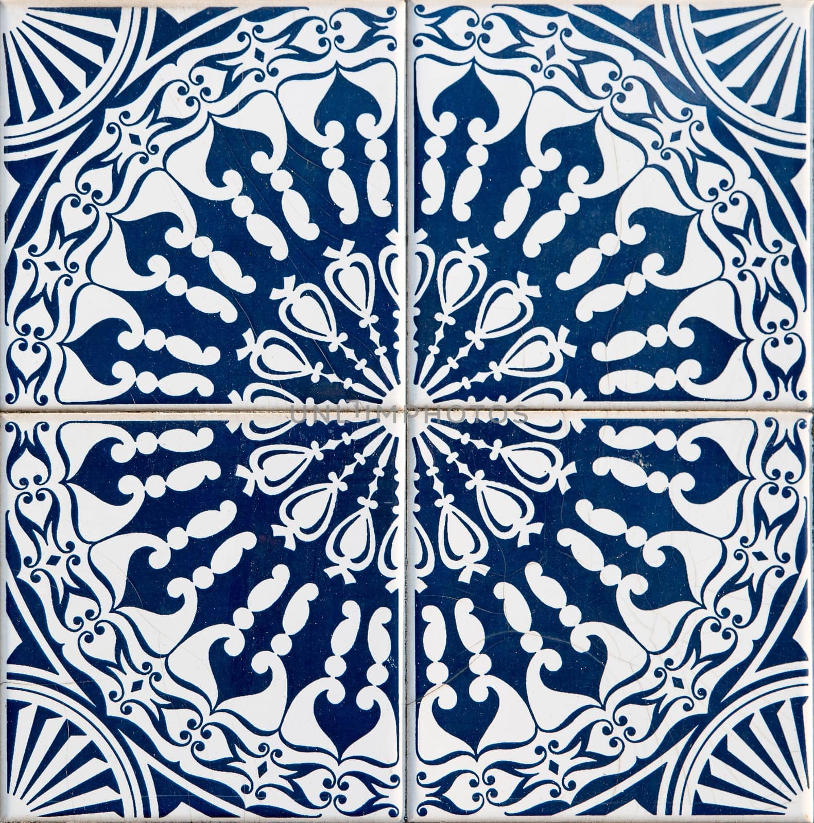 Closeup detail of old Portuguese glazed tiles.