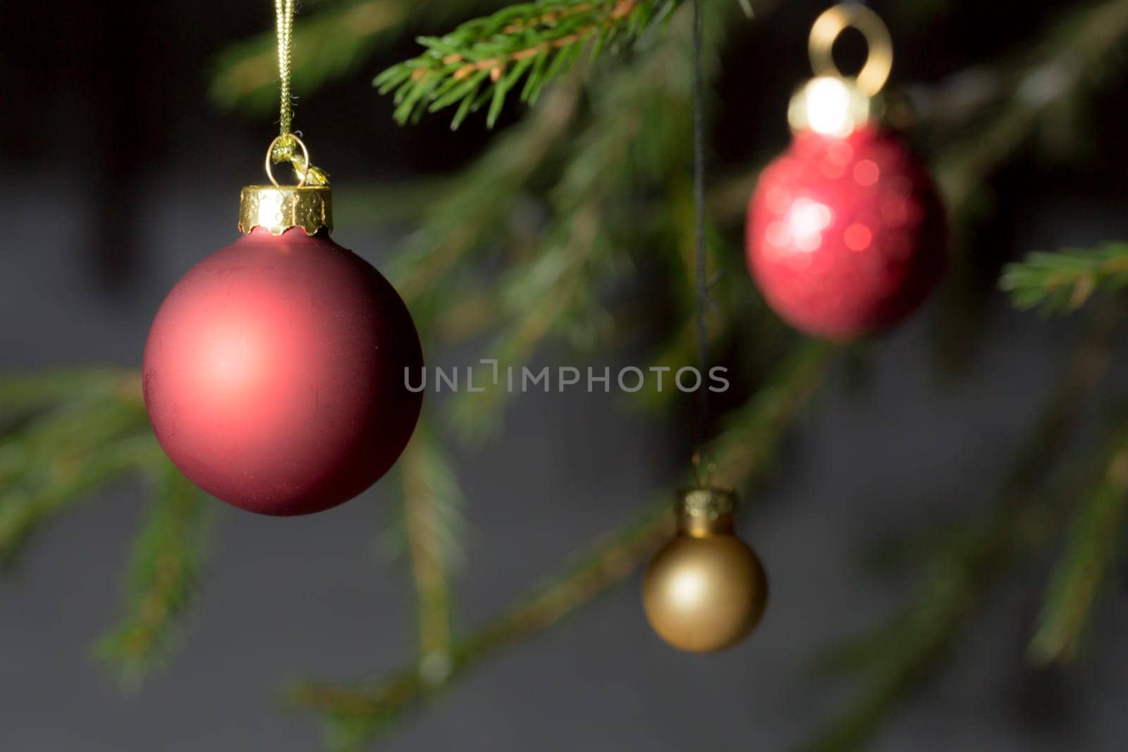 Christmas Tree Balls in Spruce Tree close up.