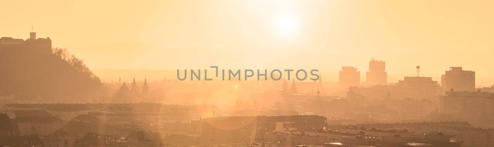 Cityscape of the Slovenian capital Ljubljana at sunset.
