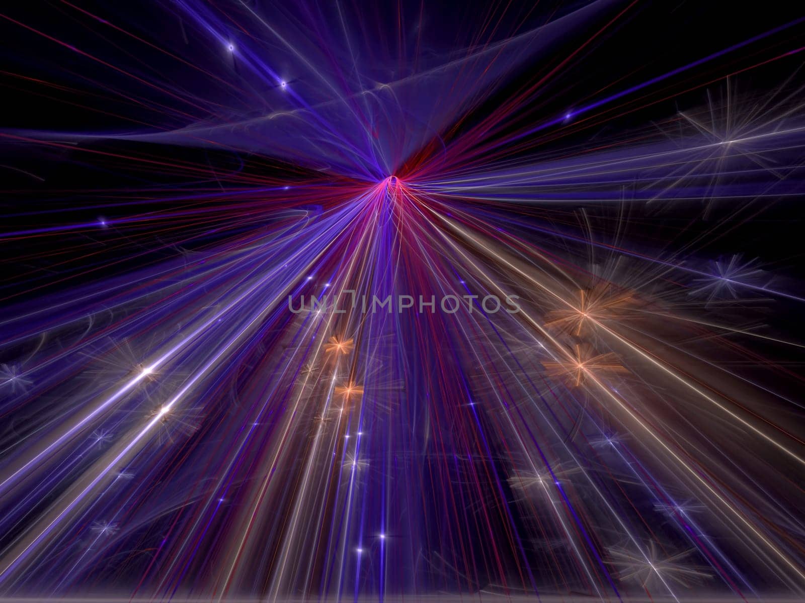 Abstract computer-generated image dark background with stars, rays and perspective