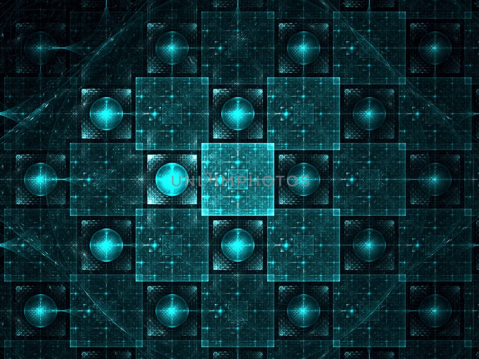 Abstract computer-generated image turquoise background with grid, squares and circles