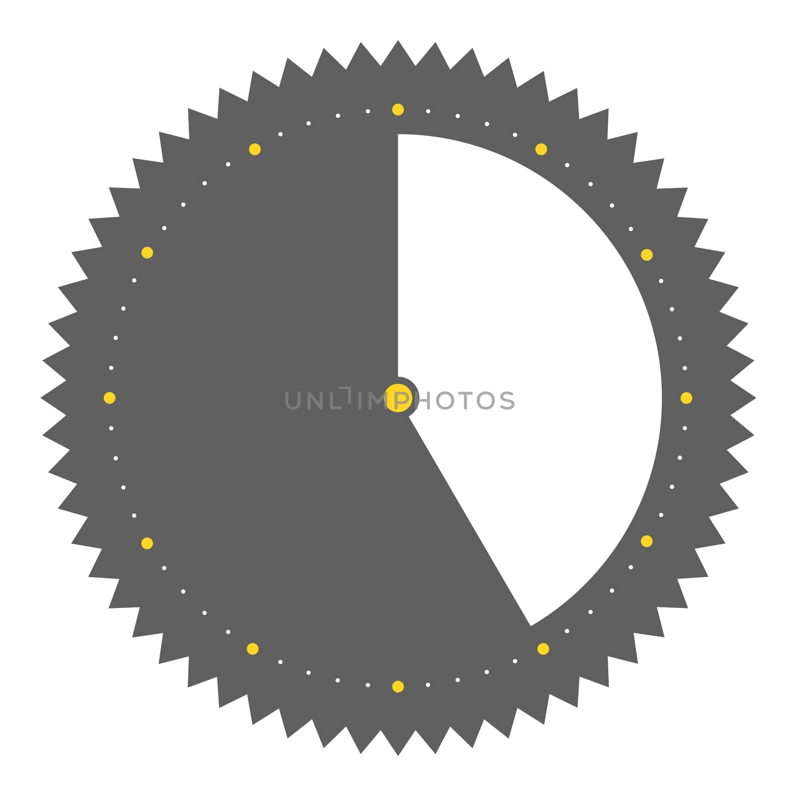 Isolated round grey button with spikes shows clock with 25 seconds 25 minutes or 5 hours