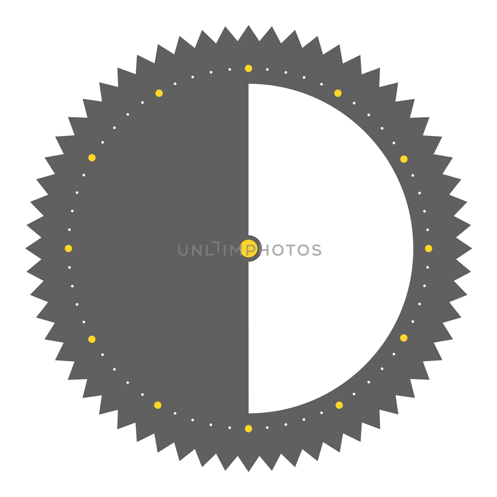 Isolated round grey button with spikes shows clock with 30 seconds 30 minutes or 6 hours